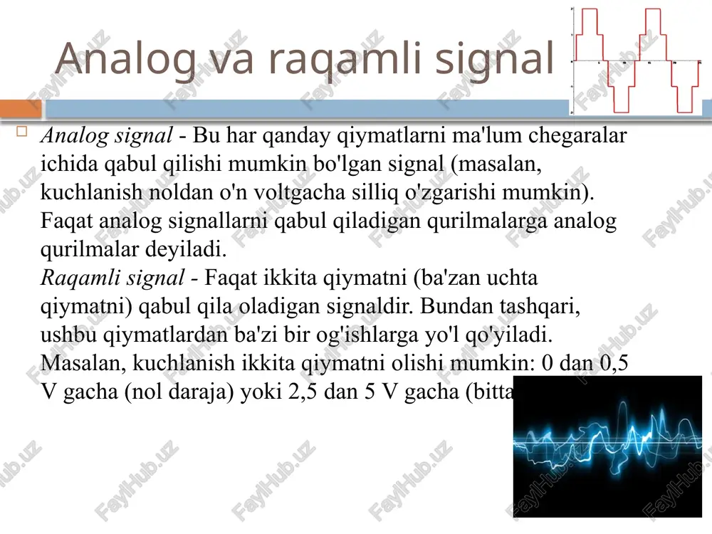 v izmeritelnoy texnike (tsifrovie ostsillografi, voltmetri, generatori signalov i t.d.), -v bitovoy apparature (televizori, muzikalnie tsentri, avtomobilnaya elektronika i t.d.), -v kompyuternoy texnike (vvod i vivod zvuka v kompyuterax, videomonitori, printeri i t.d.), -v meditsinskoy texnike, v radiolokatsionnix ustroystvax, v telefonii i vo mnogix drugix oblastyax. 13 tsifro-analogovie preobrazovateli vosproizvedenie audio/video dvd-proigrivatel cd-pleer portativniy cd/dvd-proigrivatel tsifro-analogovie preobrazovateli mogut bit ispolzovani dlya vosproizvedeniya tsifrovogo video i zvuka (dlya video tsapi naxodyatsya v mikrosxeme displeya). stoit otmetit, chto dlya dekodirovaniya informatsii, zapisannoy na opticheskie diski ispolzuyutsya analogovo-tsifrovie preobrazovateli (t.e. atsp) tsap i atsp primenyayutsya -v izmeritelnoy texnike (tsifrovie ostsillografi, voltmetri, generatori signalov i t.d.), -v bitovoy apparature (televizori, muzikalnie tsentri, avtomobilnaya elektronika i t.d.), -v kompyuternoy texnike (vvod i vivod zvuka v kompyuterax, videomonitori, printeri i t.d.), -v meditsinskoy texnike, v radiolokatsionnix ustroystvax, v telefonii i vo mnogix drugix oblastyax. 14 tsifro-analogovie preobrazovateli professionalnaya rabota so zvukom universalnoe ustroystvo: tsap (podklyuchenie k …