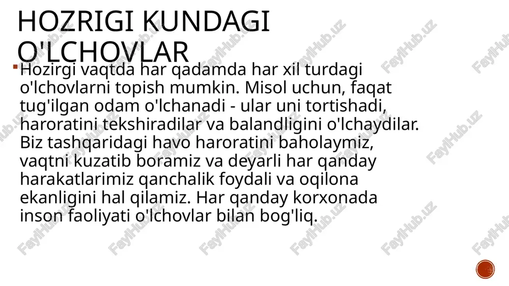 a erishilganda moddaning erishi yoki qotib qolishi va boshqa jismoniy ta’sirlar) ko’rinishini aniqlaydigan taqqoslash moslamasidan foydalanishingiz mumkin. o’lchangan qiymat va o’lchov bilan qayta ishlab chiqarilgan qiymatning taqqoslash moslamasiga bir vaqtning o’zida yoki bir vaqtning o’zida bo’lmagan ta’siriga qarab, almashtirish bilan o’lchash usuli va qarama-qarshilik usuli farqlanadi. afzalliklar va kamchiliklar to’g’ridan-to’g’ri baholash usuli - afzallik – o’lchovlarning tezligi, bu uni amaliy foydalanish uchun ajralmas qiladi. kamchilik – cheklangan aniqlik. - o’lchovlarni taqqoslash usuli - afzallik to’g’ridan-to’g’ri baholash usuliga qaraganda ko’proq o’lchov aniqligidir. kamchilik – chora-tadbirlarni tanlashga sarflangan katta vaqt. qarama-qarshilik usuli afzallik – o’lchov ma’lumotlari signallarining buzilishiga ta’sir qiluvchi omillarning o’lchov natijalariga ta’sirini kamaytirish. kamchilik – tortish vaqtini oshirish. differensial (differensial) usul afzallik shundaki, natijalar yuqori aniqlik bilan, hatto farqni o’lchash uchun nisbatan qo’pol vositalar bilan ham olinadi. differensial (differensial) usul afzallik shundaki, natijalar yuqori aniqlik bilan, hatto farqni o’lchash uchun nisbatan qo’pol vositalar bilan ham olinadi. xulosa hisob-kitoblarning aniqligi oshib …