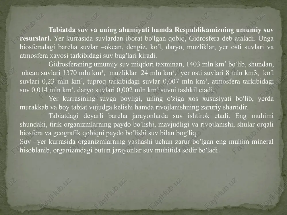 d boʹlib, qolgan 85-90 mlrd m3 suv qoʹshni mamlakatlar (xususan, tojikiston va qirgiziston) dan oqib keladi. amudaryo suv yigʹish maydoni va yillik suv xajmi jihatidan boshqa daryolardan yuqori turadi. amudaryoning uzunligi 1900 km, faqatgina togʹlarda suv yigʹish maydoni 2770 km2 . amudaryoning qariyb 83% suvlari tojikiston xududida, faqatgina 6% suvi oʹzbekiston xududida shakllanadi. sirdaryoning uzunligi 2140 km boʹlib, suv yigʹish maydoni 150 ming. km2 va yillik suv xajmi 37,1 km3 ni tashkil etadi. sirdaryoning qariyb 80% suvlari qirgiziston xududida, faqatgina 13% suvi respublikamiz xududida shakllanadi. shuni aloxida ta`kidlash kerakki, orol dengizi xavzasining suv resurslarining shakllanishiga tojikiston respublikasi aloxida oʹrin tutadi. tojikiston xududida daryo suvlarining xajmi 52,7 km3 ni tashkil etadi yoki orol dengizi xavzasiga quyiladigan suvlarning qariyb 44% tashkil etadi. 11.2. gidrosferaning ifloslanishi. chuchuk suv tanqisligi va muammosi. bir kishi oʹrtacha bir sutkada shaxsiy gigiena va maishiy kommunal zaruriyatlari uchun 150-450 litr suv ishlatadi. ammo bu koʹrsatkich xizmat turiga va …