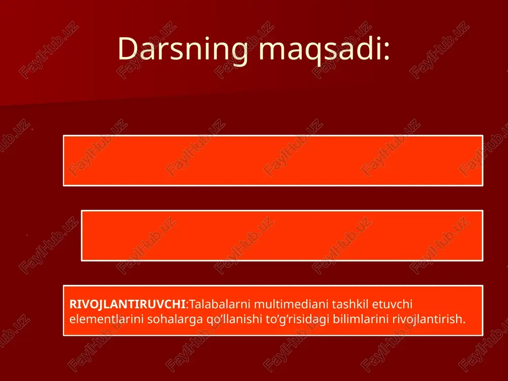 vatli mediapler, barcha taniqli media formatlarni ochish imkoniga ega. zona- katta tezlikda filmlarni yuklab olish va ularni onlayn ko’rish uchun. vlc media player-barcha taniqli media formatlarni ochish imkoniga ega. movavi video editor- video yozuvlarni sifatli qayta ishlash uchun. dasturda audio va video to’lqinlarni ushlash va yangi slayd-shou yaratish imkoni mavjud. format factory- grafik va multimedia fayllarini konverterlash uchun. (bir formatdan boshqasiga o’tkazish uchun) multimedia hujjati matinli, sonli,grafikli axborotlar animatsiyali grafika tovushli axborot video videokonferensiya videokonferensiya ta‘lim tizimini isloh qilishdagi asosiy vazifalardan biri,kadrlar tayorlash milliy dasturida ham ta‘kidlanganidek, ta‘lim tizimini zamonaviy axborot va kommunikatsiya texnologiyalari bilan ta‘minlashga katta e‘tibor qaratilgan; ta‘lim tizimining barcha darajalarini to‘liq miqiyosida kompyuterlashtirish; ta‘lim maskanlarida lokal hisoblash tarmoqlarini tashkil qilishva global tarmoqqa ulash va hokazo. 1998 yilda ishga tushirilgan trans-osiyo evropa optik tolali magistrali yordamida, bizning mamlakat ham oxirgi vaqtlarda yuzaga kelgan axborot vaakumidan chiqishga erishdi. bu optik tolali magistral jahon axborot tizimiga bog‘lanish imkonini yaratdi. bu …