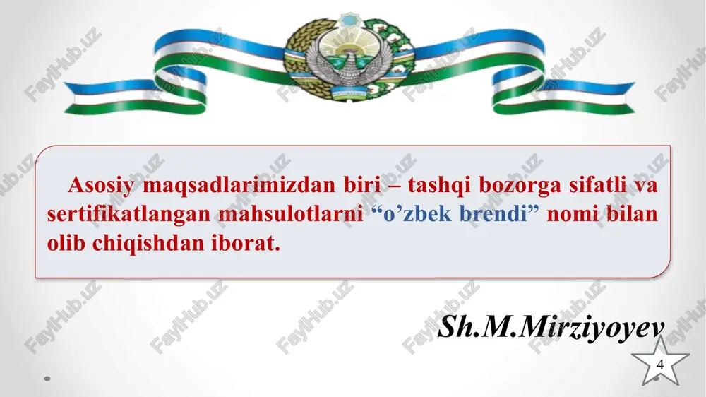 ushuniladi. sertifikatlashtirish tizimi a’zosi deganda ushbu tizimning qoidalariga binoan faoliyat ko’rsatadigan va tizimni boshqarishda ma’lum darajada ishtirok eta oladigan sertifikatlashtirish qatnashuvchisi tushuniladi. 16 15 o'zbekiston respublikasida ishlab chiqarilgan va uning hududiga majburiy sertifikatlanishi lozim bo'lgan import qilinadigan mahsulotlar turlari ro'yxati o'zbekiston respublikasi vazirlar mahkamasining 2004 yil 6 iyuldagi 318-sonli "mahsulotlarni sertifikatlashni soddalashtirish bo'yicha qo'shimcha chora-tadbirlar to'g'risida" gi qarori bilan tasdiqlangan ; 2011 yil 28 apreldagi “sertifikatlashtirish tartiblarini takomillashtirish va sifat menejmenti tizimlarini joriy etish bo'yicha qo'shimcha chora-tadbirlar to’g’risida”gi qarorlariga asosan: ro'yxatdagi mahsulotlar tashqi iqtisodiy faoliyat tovar nomenklaturasiga (vn tn) muvofiq buyurtma qilinadi. ro'yxat har yili sog'liqni saqlash va iste'molchilar manfaatlarini himoya qilish sohasida yangi qonun hujjatlari qabul qilinishi munosabati bilan yangilanadi va o'zgarib turadi. majburiy sertifikatlanishi lozim bo'lgan maxsulotlar 17 ixtiyoriy sertifikatlash mahsulotning normativ hujjatlar talablariga muvofiqligini tasdiqlash uchun talabnoma beruvchining iltimosiga binoan "mahsulotlar va xizmatlarni sertifikatlashtirish to'g'risida" gi o'zbekiston respublikasi qonuni asosida amalga oshiriladi. mahsulotlarni ixtiyoriy sertifikatlash tasdiqlangan mahsulot …