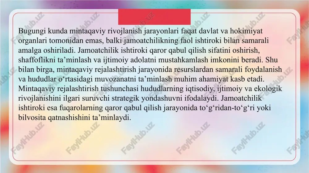 oiy muvozanat va barqaror rivojlanish ta’minlanadi. biroq, ishtirok jarayonida ba’zi qiyinchiliklar mavjud. masalan, resurslar yetishmovchiligi va moliyaviy cheklovlar faoliyatni cheklaydi. passivlik yoki fuqarolar befarqligi jarayonning samaradorligini pasaytiradi. shuningdek, qaror qabul qilishda nizolar va manfaatlar to‘qnashuvi yuzaga kelishi mumkin. shu sababli, jamoatchilik ishtiroki samarali bo‘lishi uchun tizimli mexanizmlar va yetarli resurslar ta’minlanishi zarur. 1 mintaqaviy rejalashtirishda jamoatchilik ishtiroki xalqaro va mahalliy tajribada muhim rol o‘ynaydi. yevropa ittifoqi mamlakatlarida jamoatchilikning qaror qabul qilish jarayonida to‘g‘ridan-to‘g‘ri ishtiroki keng qo‘llaniladi. masalan, 2023 yilda polshada "zielony milion" (yashil million) loyihasida 26,000 aholisi bo‘lgan wieliczka shahrida 6586 kishi ishtirok etdi, bu aholining 25% ni tashkil etadi. o‘zbekistonda “ishtirokchi (initiative / participatory) byudjet” amaliyoti 2019 yildan boshlab bosqichma-bosqich joriy etilib, 2022–2023 yillarda mamlakat bo‘ylab kengaytirildi va barcha tuman hamda shaharlarni qamrab oldi. bu jarayon doirasida aholining takliflari yig‘ilib, ularning eng ommaboplari saylov orqali moliyalashtiriladi — natijada 2022–2023 yillar davomida minglab loyihalar tanlandi va moliyalashtirildi. masalan, rasmiy monitoringlarga …
