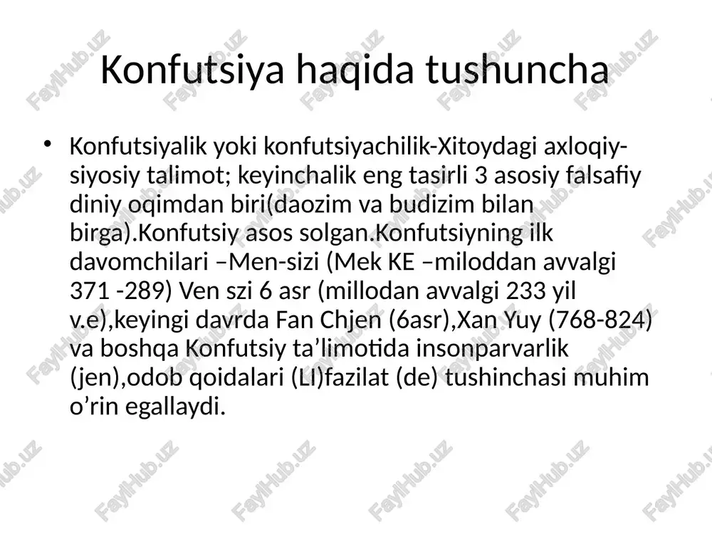 p ulardan sodiqlik,ota-onasi yoki qarindosh urug’lariga yaxshi munosabatda bo’lish haqida afzalliklari mavjud. foydalanilgan adabiyotlar. s. mo’minov,d.boymatov larning konfutsiylik tushunchasi. vikipediya(konfutsiylikning an’analari). oefon.uz( konfutsiy ta’limoti nutq madaniyati masalalari). fayllar.org( konfutsiylik tamoyillar). arxiv.uz (konfutsiychilik). image1.jpeg image2.jpeg image3.jpeg image4.jpeg image5.jpeg image6.jpeg /docprops/thumbnail.jpeg