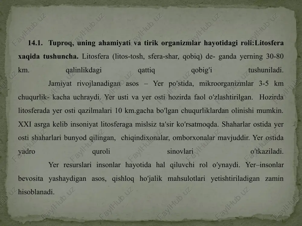 joylardagi tuproq kam unumli boʹlib qoladi. mahalliy eroziya, oʹz navbatida, 2 qismga boʹlinadi: 1. mahalliy shamol taʹsirida tuproqning yuqori qatlamini eroziyaga uchrashishi. 2. mahalliy shamol taʹsirida tuproqning pastki qatlamini eroziyaga uchrashishi. agar shamol kuchli boʹlsa, quyun-uyurma vujudga kelib, nuragan zarrachalarni ancha balandlikka koʹtaradi va bu hodisa mahalliy shamol taʹsirida tuproqning yuqori eroziyasi deyiladi. mahalliy shamol taʹsirida tuproqning pastki qatlamini eroziyaga uchrashishi paytida esa, nuragan jinslar faqat 1,5 m balandlikka koʹtariladi, xolos. shamol taʹsirida tuproqning eroziyaga uchrashishi oldini olishning samarali yoʹllari. ular quyidagilardan iborat: -shamolga qarshi ihota daraxtzorlari barʹo etish; -turli xil oʹsimliklar ekib shamol yoʹliga toʹsiq (kulis) hosil qilish; -yerlarni almashlab ekish; -yerlarni chuqur haydash; -tuproqni oʹgʹitlab, tizimini yaxshilash. tuproqning suv taʹsirida eroziyaga uchrashishi va unga qarshi kurashish yoʹllari. yoʹgʹingarchiliklar (yomgʹir, jala, doʹl va qor) taʹsirida tuproqning unumdor ustki qatlamining yuvilishiga tuproqning eroziyasi deyiladi. natijada yer yuzasida chuqurlik va jarlik paydo boʹladi. tuproqning suv taʹsiridagi eroziyasining quyidagi shakllari mavjud: -yuzlama …