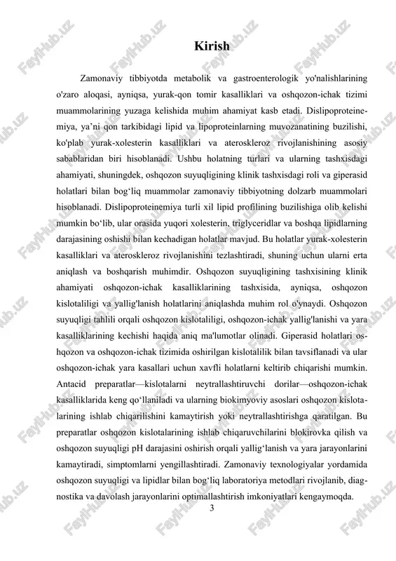 rosklerotik plakklar shakllanishiga sabab bo‘lib, yurak kasalliklari xavfini oshiradi. trigliseridlar ham dislipoproteinemiya turlarida muhim ahamiyatga ega bo‘lib, ular energiya manbai bo‘lib xizmat qiladi, ammo ularning miqdorining ortishi yurak va oshqozon-ichak kasalliklarining rivojlanishiga olib kelishi mumkin. dislipoproteinemiya turlarini aniqlashda asosiy usullardan biri qon biomaterialini laboratoriya tekshiruvi hisoblanadi. bu tekshiruv orqali, xolesterin, trigliseridlar va lipoproteinlar miqdori o‘lchanadi. buning asosida, yuqori xolesterin, trigliseridlar va boshqa lipidlarning ko‘payishiga asoslangan patologik holatlar aniqlanadi. dislipoproteinemiya turlarini to‘g‘ri tashxis qilish uchun, lipid profiling keng qo‘llaniladi, bu esa individual bemorlarning qon lipid holatini baholashda yordam beradi. masalan, yuqori ldl va past hdl bilan kechadigan holatlar ateroskleroz xavfini oshiradi, shuningdek, trigliseridlarning ortishi qandli diabet va metabolik sindrom bilan bog‘liq bo‘lishi mumkin. dislipoproteinemiya turlarining klinik ahamiyati shundan iboratki, ular yurak-xolesterin kasalliklari, ateroskleroz va qon aylanishining buzilishlariga olib keladi. bu holatlar og‘ir jiddiy asoratlar — yurak xuruji, insult va qon tomirlarining trombozi kabi xavfli holatlarning rivojlanishiga sabab bo‘ladi. shu sababli, dislipoproteinemiya …