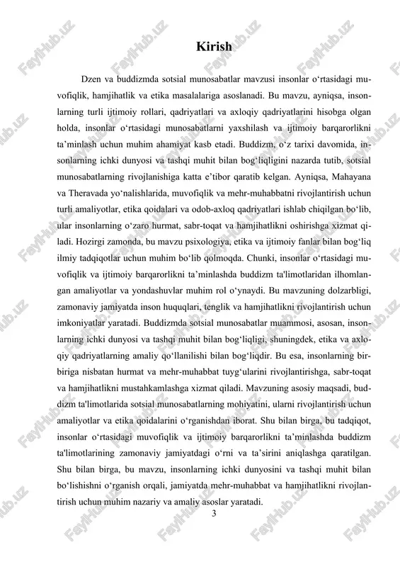 atlikni rivojlantirish uchun, insonlarning o‘zaro hurmat va sabr-toqat bilan munosabatda bo‘lishi muhimdir. bu amaliyotlar, masalan, meditatsiya va ongni rivojlantirish texnikalari, insonlarni o‘zaro mehr-muhabbat va tushunishga chaqiradi. shuningdek, buddizmda etika va axloqiy qadriyatlarning amaliy qo‘llanilishi orqali, insonlar o‘rtasida ijobiy aloqalar o‘rnatish mumkin. bu esa, nafaqat shaxsiy ruhiy rivojlanishga, balki ijtimoiy muhitdagi muvofiqlik va barqarorlikka ham xizmat qiladi. hozirgi zamonda, buddizm qadriyatlari, ayniqsa, psixologiya va ijtimoiy fanlar sohasida keng muhokama qilinmoqda. ushbu qadriyatlar insonlarning o‘zaro muvofiqligini ta'minlashda, tenglik va hamjihatlikni rivojlantirishda muhim rol o‘ynaydi. ular, shuningdek, inson huquqlari va erkinliklarini hurmat qilish, jamiyatdagi ijtimoiy adolat va barqarorlikni ta’minlash uchun asos bo‘lib xizmat qiladi. buddizmda sotsial munosabatlarni rivojlantirish uchun ishlab chiqilgan amaliyotlar va yondashuvlar, zamonaviy jamiyatda ham, insonlar o‘rtasida muvofiqlik va hamjihatlikni mustahkamlash uchun muhimdir. bu qadriyatlarning amalda qo‘llanilishi, insonlarning o‘zaro tushunishi va hamjihatlikni rivojlantirishda muhim omil bo‘lib qolmoqda. shunday qilib, buddizmda sotsial munosabatlar etik qadriyatlar va amaliyotlar orqali insonlarning ichki dunyosini tozalash …