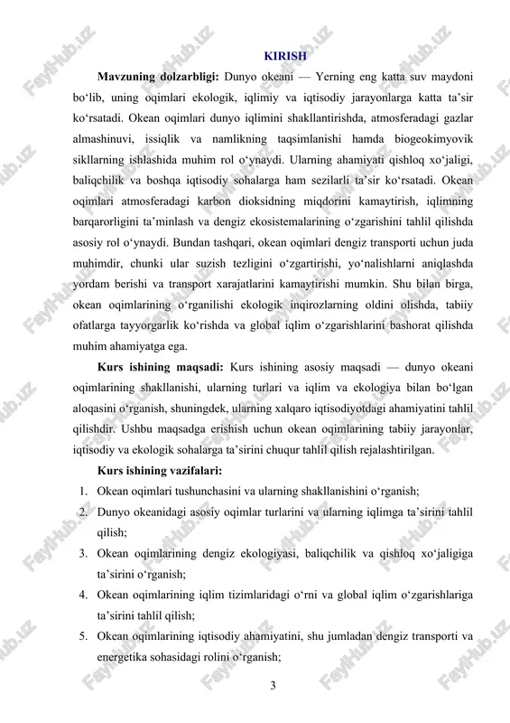 g ta’sirini hisoblashda matematik modellash, statistik tahlillar va simulyatsiya metodlari qo‘llaniladi. kurs ishining amaliy ahamiyati: dunyo okeani oqimlarini o‘rganish, global iqlim o‘zgarishlarini tushunishga, ekologik xavflarni kamaytirishga, tabiiy resurslardan samarali foydalanishga va iqtisodiy jarayonlarni optimallashtirishga imkon beradi. okean oqimlarining prognozlash imkoniyatlari dengiz transporti, baliqchilik, energetika va ekologik boshqaruv sohalarida samarali qarorlar qabul qilishda yordam beradi. shu bilan birga, okean oqimlarining kelajakdagi o‘zgarishlarini prognozlash, qishloq xo‘jaligi va dengiz ekosistemalarini barqaror rivojlantirishga xizmat qiladi. kurs ishining tarkibiy tuzilishi va hajmi: mazkur kurs ishi kirish, ikki bob, sakkiz bo‘lim, xulosalar, foydalanilgan adabiyotlar ro‘yxatidan tashkil topgan. i-bob dunyo okeani oqimlari: tushunchasi va xususiyatlari. 1.1. dunyo okeani oqimlarining umumiy tushunchasi va shakllanishi. dunyo okeani oqimlari — bu okeanlarda suvning katta massalarining harakati bo'lib, ular iqlim va ekologik tizimlarni shakllantirishda muhim rol o'ynaydi. oqimlar, asosan, suvning issiqlik, sho'rlik, tuzlik va boshqa fizik-kimyoviy xususiyatlarining o'zgarishi natijasida yuzaga keladi. oqimlarning shakllanishi va yo'nalishi, atmosferaning harorati, shamol tizimi, yerning aylanishi …