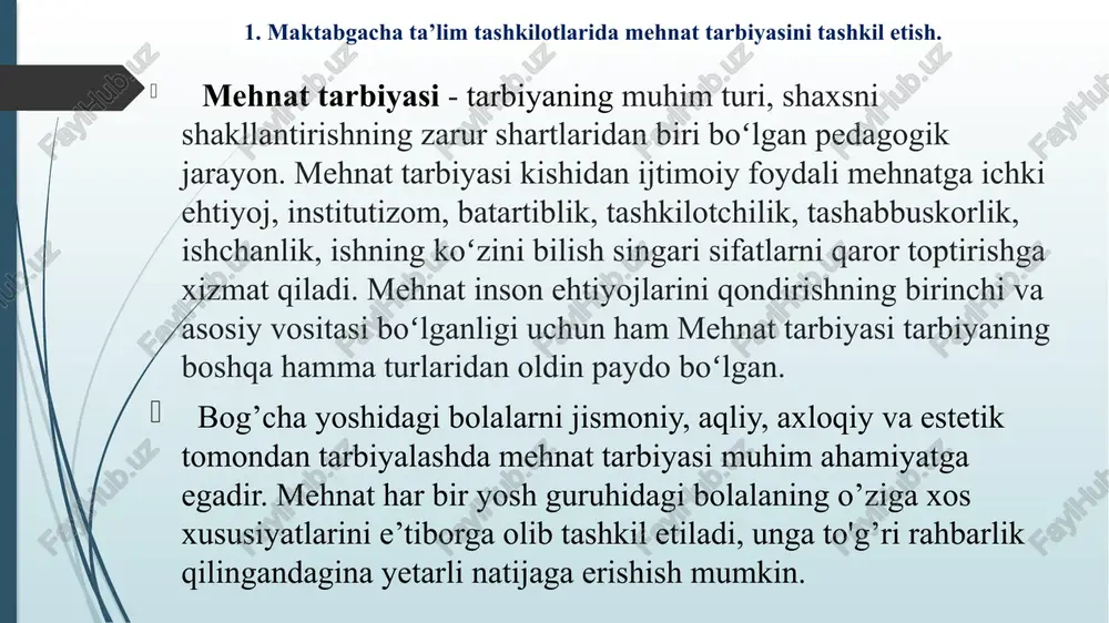 k xislatlari o‘sadi. tarbiyachining vazifasi bolaga mehnat jarayonining yaxlit yoki uning eng og‘ir qismini bajarishini o‘rgatishdan iborat. yakka tartibdagi mehnat bola mazkur mehnat jarayoniga qiziqish bildirib, uni xatosiz bajarishni o‘rganishga intilganda, uning tashabbuskori bo‘lib maydonga chiqqanda yuz beradi. masalan, 5 yoshli qizaloq tarbiyachidan o'zini ertaga navbatchi qilib tayinlashini so‘rab murojaat qiladi: «men qoshiqlarni taxlashni o‘rganib olaman. bugun yanglishib, ularni noto‘g‘ri taxladim. ertaga, albatta, ularni to‘g‘ri joylashtiraman». bu o‘rinda mehnatga rahbarlik qilish hali o‘zlashtirib olinmagan mehnat usullarini shakllantirishga qaratiladi. 2. maktabgacha ta’lim tashkilotlarida bolalarga axloqiy tarbiya berish. axloq - kishining ichki olami, e'tiqodi, fazilatlari sifatida mavjud bo'lsa, odob - shaxsning ko'zga tashlanadigan mulozamati, xulq-atvori, muomala-munosabatlarida namoyon bo'iadi. maktabgacha yoshdagi bolalarni axloqiy jihatdan tarbiyalash vazifasi va uni amalga oshirish vositalari maktabgacha ta’lim yoshidagi bolalami axloqiy jihatdan tarbiya­ lash vazifasi va mazmuni bolaning m a’naviy dunyosini, uning ongini, axloqiy hislarini, shaxsiy sifatlarini tarbiyalash va rivojlan­ tirish, axloqiy tarbiya mazmunini amalga oshirishdan iborat. mak­ …