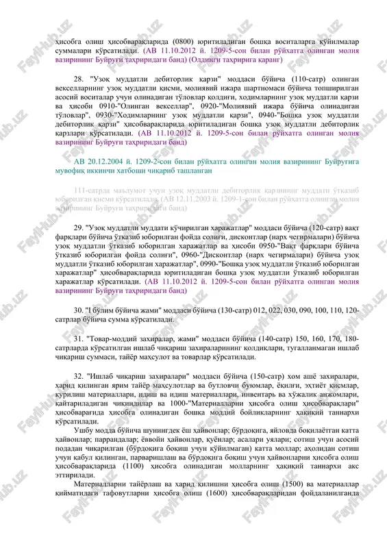 immatli qog'ozlari bundan mustasno 0610-"qimmatli qog'ozlar" hisobvarag'ida hisobga olinadigan summa ko'rsatiladi. (av 19.05.2007 y. 1209-4-son bilan ro'yxatga olingan moliya vazirining buyrug'i tahriridagi band) 22. "shu'ba xo'jalik jamiyatlariga investitsiyalar" moddasi bo'yicha (050-satr) shu'ba xo'jalik jamiyatlarining aktsiyalari, obligatsiyalari va boshqa investitsiyalariga qo'yilgan, 0620-"shu'ba xo'jalik jamiyatlariga investitsiyalar" hisobvarag'ida hisobga olinadigan mablag'lar summasi ko'rsatiladi. 23. "tobe xo'jalik jamiyatlariga investitsiyalar" moddasi bo'yicha (060-satr) tobe xo'jalik jamiyatlarining aktsiyalari, obligatsiyalari va boshqa investitsiyalariga qo'yilgan, 0630-"tobe xo'jalik jamiyatlariga investitsiyalar" hisobvarag'ida hisobga olinadigan mablag'lar summasi aks ettiriladi. 24. "xorijiy sarmoya ishtirokidagi korxonaga investitsiyalar" moddasi bo'yicha (070-satr) xorijiy sarmoya ishtirokidagi korxonalarning aktsiyalari, obligatsiyalari, ustav sarmoyasiga ulushlari va boshqa investitsiyalariga qo'yilgan, 0640-"xorijiy sarmoya ishtirokidagi korxonaga investitsiyalar" hisobvarag'ida hisobga olinadigan mablag'lar summasi ko'rsatiladi. 25. "boshqa uzoq muddatli investitsiyalar" moddasi bo'yicha (080-satr) uzoq muddatli investitsiyalarga qo'yilgan, yuqorida sanalgan moddalarda hisobga olinmagan va 0690-"boshqa uzoq muddatli investitsiyalar" hisobvarag'ida hisobga olinadigan mablag'lar summasi ko'rsatiladi. 26. "o'rnatiladigan uskuna" moddasi bo'yicha (090-satr) hisobi 0710-"o'rnatiladigan uskuna - mamlakatimizniki" …