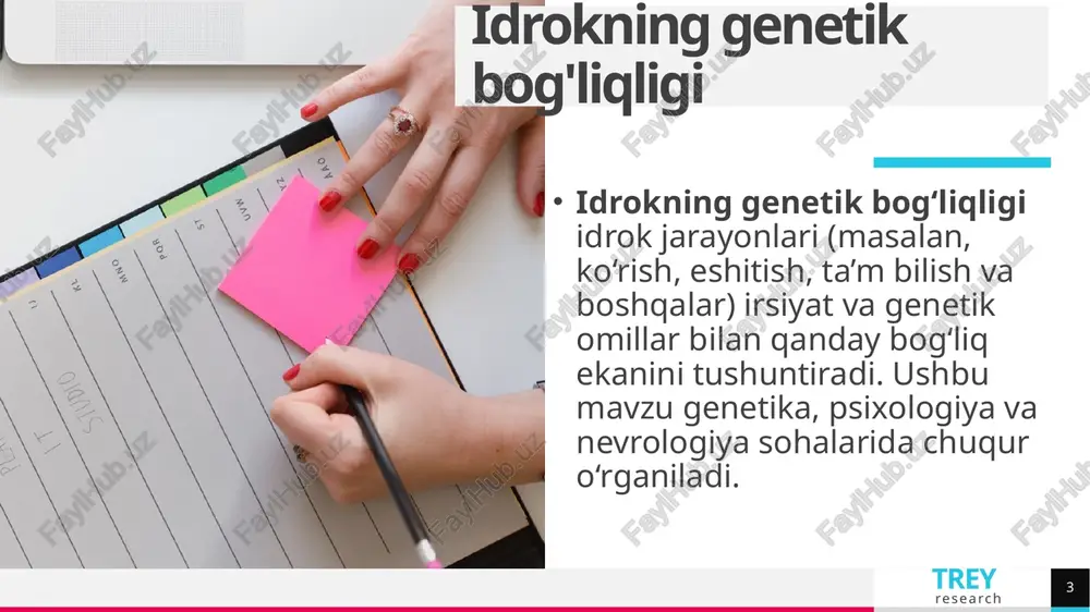 va sezgilar asosida yaratilgan bo‘lsa-da, ular real dunyodagi obyektlar va ularning xususiyatlariga bog‘liq bo‘ladi. 8 trey research idrokning yaxlitligi va o’zgarmasligi yaxlitligi idrokning yaxlitligi (perceptual integrity) — bu inson idrok tizimining barcha sezgilar va tasvirlarni bir butunlikda, to‘liq va uyg‘un holda qabul qilish qobiliyatidir. ya'ni, idrokning yaxlitligi deganda, atrof-muhitdagi turli xil ma'lumotlarni bir-biri bilan bog‘lash, ular orasidagi aloqalarni tushunish va ularni to‘liq obrazga aylantirish tushuniladi. bu tushuncha shuni anglatadiki, idrok faqat ayrim tasvirlarni qabul qilishdan iborat emas, balki har bir tasvirni boshqa tasvirlar bilan bog‘lab, to‘g‘ri va yaxlit bir obraz hosil qilishdan iborat. o’zgarmasligi idrokning o'zgarmasligi (perceptual constancy) — bu insonning atrof-muhitni, uning o'zgarishlariga qaramay, barqaror va o'zgarmas deb idrok etish qobiliyatidir. ya'ni, biz obyektlarni yoki hodisalarni turli sharoitlarda va holatlarda (yorug‘lik o‘zgarishi, masofa, burchaklar, va boshqalar) ko‘rsak ham, ularning haqiqiy xususiyatlarini (rang, shakl, hajm va boshqalar) barqaror va o‘zgarmas tarzda idrok qilamiz. 9 trey research idrokning konstantlik nazariyasi idrokning …
