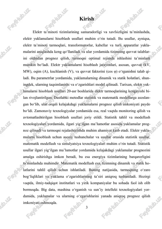 tod yordamida, tizimning har bir elementining o‘zaro ta’siri, yuklamalar va quvvatlar o‘zgarishi, muvozanat holatlari model qilinadi. model asosida, tarmoqdagi qaysi elementlar katta yuklamaga ega bo‘lishi mumkinligi yoki o‘zgarishlar qanday ta’sir qilishini aniqlash mumkin. bu usul, shuningdek, tarmoqni optimallashtirish va xavfsizlikni ta’minlash uchun ham qo‘llaniladi. zamonaviy texnologiyalar yordamida, real vaqtda monitoring va avtomatlashtirilgan hisoblash texnologiyalari joriy etilmoqda. bu metodlar yordamida, tarmoqdagi yuklamalar haqiqiy vaqt rejimida kuzatiladi va prognoz qilinadi. sun’iy intellekt va mashina o‘rganish texnologiyalari bilan birgalikda, bu usullar tarmoqdagi yuklamalarni aniqroq va ishonchliroq bashorat qilish imkonini beradi. masalan, katta ma’lumotlar (big data) va sun’iy intellekt yordamida, yuklamalarning o‘zgarish tendensiyalari va o‘zgartirishlar aniqroq aniqlanadi, bu esa tarmoqni xavfsiz va iqtisodiy jihatdan samarali ishlashiga yordam beradi. shuningdek, elektr yuklamalarni hisoblashda yondashuvlarning kamchiliklari ham mavjud. ular orasida ma’lumotlarning yetarli darajada to‘liq yoki aniq bo‘lmasligi, texnologik cheklovlar va tahlil metodlarining murakkabligi kiradi. bu muammolarni hal qilish uchun, yangi metodlar va yondashuvlar ishlab chiqilmoqda, jumladan, …