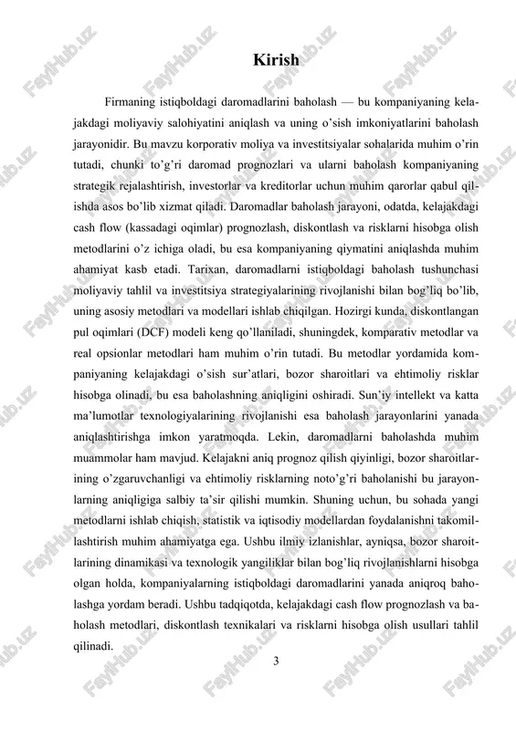 soblanadi. bu metodning asosiy afzalligi — u kelajakdagi oqimlarning vaqt va risklarni hisobga olgan holda, real qiymatini aniqlash imkonini beradi. boshqa metodlar, masalan, bozor qiymati asosida baholash yoki real opsionlar metodlari, ham keng qo‘llaniladi, ammo ular odatda dcf metodiga nisbatan murakkabroq va ma'lumotlar talablari yuqori bo‘ladi. kelajakdagi cash flow prognoz qilishda ehtimollik taqsimotlari va risklarni hisobga olish muhim rol o‘ynaydi. bozor sharoitlarining o‘zgaruvchanligi, iqtisodiy muhitdagi noaniqliklar va kompaniyaning ichki muammolari kelajakdagi oqimlarni prognoz qilishda xatoliklarni yuzaga keltirishi mumkin. shu sababli, ehtimollik metodlari, masalan, monte-karlo simulyatsiyalari yoki ehtimollik taqsimotlari yordamida, kelajakdagi daromadlarni ehtimollik bilan baholash tavsiya etiladi. bu yondashuvlar kelajakdagi oqimlar uchun turli holatlarni qamrab oladi va risklarni yanada aniqroq hisobga olish imkonini beradi. misol uchun, yirik kompaniyalar o‘z kelajakdagi daromadlarini prognoz qilishda, bozor o‘sish sur’atlari, raqobatchilar faoliyati va iqtisodiy tendensiyalarni tahlil qiladilar. bu ma'lumotlar asosida, kompaniyaning kelajakdagi kassadagi oqimlari modellashib, baholanadi. shuningdek, yangi texnologiyalar va sun'iy intellekt yordamida bu jarayonlar …