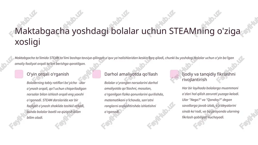 huvi maktabgacha ta’lim tizimida zamonaviy innovatsion metod sifatida bolalarning intellektual, estetik va ijodiy salohiyatini rivojlantirishga katta hissa qo‘shadi. u bola shaxsini har tomonlama kamol toptirish, uni keyingi ta’lim bosqichlariga puxta tayyorlashda muhim o‘rin egallaydi. 2.steamning maktabgacha ta'limdagi amaliy qo'llanilishi 1 eksperimentlar va loyihalar bolalik ta'limida bo'lajon hayotiy eksperimentlar o'tkazish fonda muhimdir. masalan, suv suyuqligini kuzatish, qandaylarni erit qilish, yoki ximiyaviy reaksiyalarni muhtaraj qilish orqali bolalar fan sohasini o'rganadi va tabiatning qonunlarini anglab oladi. 2 san'at va matematikaning integratsiyasi steam ta'limida san'at hamisha matematika bilan bog'lanadi. misol sifatida, geometrik shakllardan mandala yaratiş, ritmik naqsh bilan ishlash, yoki ranglarni aralashtirish orqali bolalar rang uyg'unligi va matematikani o'rganadi. 3 robototexnika va dasturlash asoslari zamonaviy maktabgacha ta'lim muassasalarida robotlar va oddiy dasturlash vositalari qo'llaniladi. bolalar bu yordamida bu qunday qanday harakat qilish kerakligini "o'rganadi", shuning uchun logic va ardoqida turgan fikrlashni o'rganadi. 6 maktabgacha ta’limda steam ta’lim texnologiyasini amaliy qo‘llash — bolalarning fan, texnologiya, …