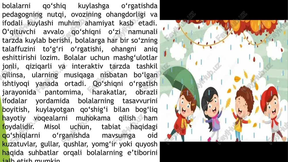 esa ularning sahnalashtirish, rollarga kirish, mimika va plastika kabi ko‘nikmalarini ham shakllantiradi. metodik jihatdan qaralganda, bolalarni qo‘shiq kuylashga o‘rgatish jarayoni bir necha bosqichlarda amalga oshiriladi. dastlabki bosqichda qo‘shiqni tinglash, kuyga quloq solish va umumiy taassurot hosil qilish ustida ishlanadi. qo‘shiq kuylashga o‘rgatishda oilaning, ota-onalarning roli ham katta. uyda bolalarga musiqiy muhit yaratish, ular bilan birga qo‘shiq kuylash, musiqiy asarlar tinglash, bolalarning sahna chiqishlariga ruhan tayyorlanishlari ularning bu faoliyatga nisbatan bo‘lgan ijobiy munosabatini shakllantiradi. shuningdek, bolalar bog‘chasi yoki maktabgacha ta’lim tashkilotlarida muntazam ravishda qo‘shiq tanlovlari, musiqiy ertaklar, bayram tadbirlari va ijodiy kechalar tashkil etilishi bolalarning sahna madaniyati, jamoa bilan ishlash va o‘ziga bo‘lgan ishonchini oshiradi. bundan tashqari, bolalarni qo‘shiq kuylashga o‘rgatishda milliy va zamonaviy qo‘shiqlar muvozanatini saqlash kerak. milliy kuylar orqali xalq og‘zaki ijodi, urf-odatlar, qadriyatlar haqida tasavvur berish, zamonaviy bolalar qo‘shiqlari orqali esa ularning dunyoqarashini kengaytirish, yangi bilimlar berish mumkin. har ikki yo‘nalish ham bolalarning musiqiy dunyoqarashini boyitadi va ularni …