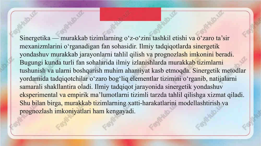 o‘zgarishlar natijasini oldindan baholash imkonini beradi. sinergetik modellashtirish tizim elementlarining o‘zaro bog‘lanishlarini aniqlaydi va natijalarni vizual ko‘rinishda taqdim etadi. prognozlash jarayonida ushbu metod noaniqliklarni kamaytirishga xizmat qiladi. shuningdek, u eksperiment va nazariy ma’lumotlarni birlashtirishga yordam beradi. modellash orqali ilmiy tadqiqotlar samaradorligi oshadi. natijada, tizimlarning kelajakdagi xatti-harakatlari haqida aniq fikrga ega bo‘linadi. 1 ilmiy tajribalarni sinergetik nuqtai nazardan tashkil etish, eksperiment jarayonini tizimli va samarali qiladi. bu yondashuv tajriba ob’ektlari orasidagi o‘zaro bog‘liqliklarni aniqlashga xizmat qiladi. tajribalar murakkab tizimlarning o‘z-o‘zini tashkil etishini ko‘rsatadigan tarzda tuziladi. sinergetik nuqtai nazar yordamida tadqiqotning har bir bosqichi maqsadga muvofiq rejalashtiriladi. sinergetik nuqtai nazar yordamida tadqiqotning har bir bosqichi maqsadga muvofiq rejalashtiriladi. tajriba natijalari tizim elementlarining xatti-harakatlarini chuqur tahlil qilish imkonini beradi. sinergetik yondashuv yordamida murakkab tizimlarni chuqur tahlil qilish orqali yangi ilmiy natijalar olindi. tadqiqotlar tizim elementlari o‘rtasidagi o‘zaro bog‘liqliklarni aniqlash imkonini berdi. sinergetik metodlar murakkab jarayonlarning xatti-harakatlarini oldindan prognozlashga yordam berdi. ilmiy natijalar eksperiment …