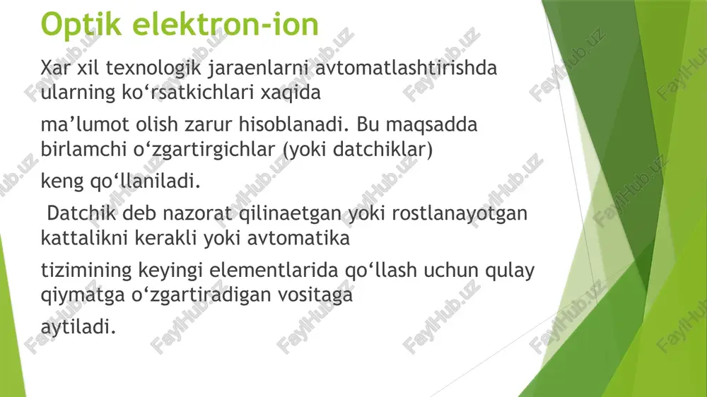 . generator datchiklari juda oddiy bo‘ladi, chunki ular kushimcha energiya manbaisiz ulanadi. aniklik darajasi buyicha datchiklar 0,24; 0,4, 0,6; 1; 1,5; 2,5; 4 aniklik sinflariga muvofik bo‘lishlari lozim. ish printsipi buyicha elektrik datchiklar xulosa. parametrik datchiklarda chikish kursatkichini elektr zanjir kattaliklari (karshilik, induktivlik, uzaro induktivlik, elektr sigimi va kabilar) tashkil topadi. bunday turdagi datchiklarda elektr toki va kuchlanishi sifatida chikish signalini olish uchun ularni maxsus elektr sxemalariga (kuprikli, differentsialli) ulash xamda alloxida energiya manbasiga ega bo‘lishi foydalanilgan adabiyotlar 1. hurmatov, b.e. (2019). o’lchov va nazorat asoslari. toshkent: fan va texnologiya nashriyoti. 2. xudoyberganov, a.a. (2015). o’lchash usullari va asboblari. toshkent: o’qituvchi nashriyoti. 3. mirzaev, s.m. (2021). metrologiya va o’lchov nazariyasi. toshkent: toshdtu e'tiboringiz uchun raxmat image1.jpeg image2.jpeg image3.jpeg image4.jpeg image5.jpeg image6.jpeg image7.jpeg image8.jpeg /docprops/thumbnail.jpeg