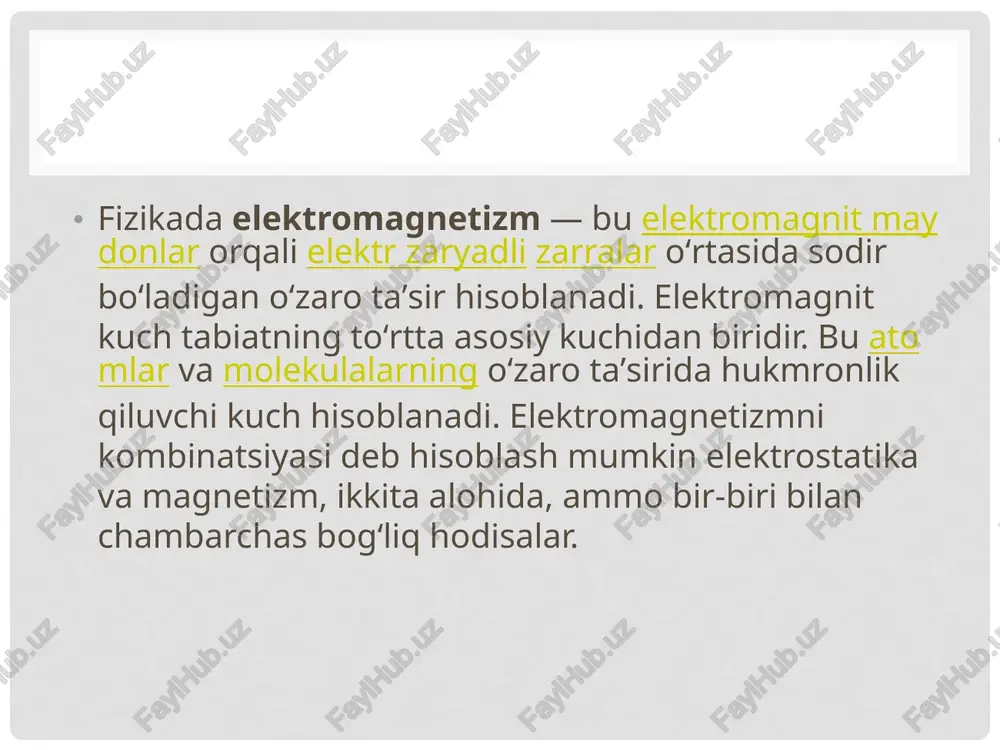 jmda 1 kl zaryad tekis taqsimlangandagi elektr zaryadning hajmiy zichligi. 3. elektr zaryadining sirt zichligi kulon taqsim metr kvadrat kl/m2 c/m2 1 m2 yuzada 1 kl zaryad tekis taqsimlangandagi elektr zaryadning hajmiy zichligi. 4. qutblanganlik (qutblanish intensivligi) kulon taqsim metr kvadrat kl/m2 c/m2 qutblangan dielektrikning hajm birligidagi elektr moment. 5. elektr maydon kuchlanganligi. volt taqsim metr v/m v/m maydon kuchlanganligi bir biridan 1m masofada joylashgan nuqtalar orasidagi potentsiallar farqi 1 v holsil qiladigan bir jinsli elektr maydonning kuchlanganligi. 6. elektr kuchlanish volt v v elektr zanjirda tok kuchi 1a, quvvat 1vt bo‘lganda o‘zgarmas tok hosil qiladigan elektr kuchlanish. 7. elektr potentsial – 8. elektr potentsiallar farqi – 9. elektr yurituvchi kuch (eyuk) – 10. elektr siljish oqimi kulon kl c ichida yig‘indisi 1 kl erkin zaryad tutgan yopiq yuzadagi elektr siljish oqimi. 11. elektr sig‘im farada f f zaryadi 1 kl ga teng bo‘lganda, qatlamlari orasidagi kuchlanish 1 v ga …