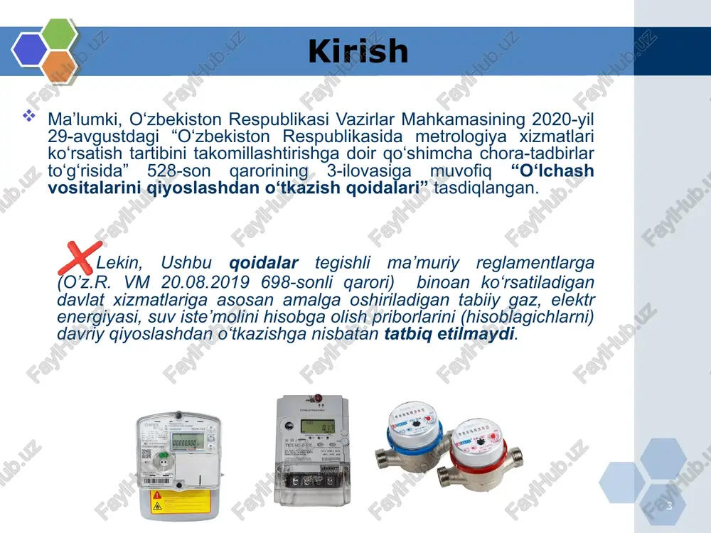 i yoki ularning qo‘llanishga yaroqliligi, metrologik tavsiflar bo‘yicha munozarali masalalar yuzaga kelganda ❗ davriy qiyoslash ishlari “e-metrologiya” axborot dasturi orqali amalga oshiriladi. o‘v ni ekspert qiyoslash tergovga qadar tekshiruv, surishtiruv, tergov, prokuratura organlari yoki sud qaroriga (ajrimiga) asosan o‘tkazilishi mumkin o‘v ni qiyoslashdan o‘tkazish uchun ariza va zarur hujjatlarni tayyorlaydi hamda ularni ijrochiga “e-metrologiya” axborot dasturi orqali taqdim etadi. ijrochiga o‘lchash vositalarini va o‘lchash vositalarining foydalanish hujjatlarini “e-metrologiya” axborot dasturi orqali taqdim etadi. o‘v ni qiyoslashdan o‘tkazish tartibi ariza beruvchi ijrochi 18/10/2025 10 o‘lchash vositalarini qiyoslashdan o‘tkazish ushbu sxema bo‘yicha amalga oshiriladi. o‘v ni qiyoslashdan o‘tkazadi: qiyoslash natijalari ijobiy bo‘lganda, o‘v ni qiyoslash guvohnomasini dastur orqali beradi; qiyoslash natijalari salbiy bo‘lganda, o‘v ning qo‘llanishga yaroqsizligi haqida xabarnoma dastur orqali beradi. ariza beruvchi ijrochi arizani ko‘rib chiqadi: o‘v ni qiyoslashdan o‘tkazish uchun texnik imkoniyatlar mavjud bo‘lganda, ariza beruvchi bilan tegishli shartnoma tuzadi; o‘v ni qiyoslashdan o‘tkazish imkoniyati bo‘lmaganda, bu haqda ariza …