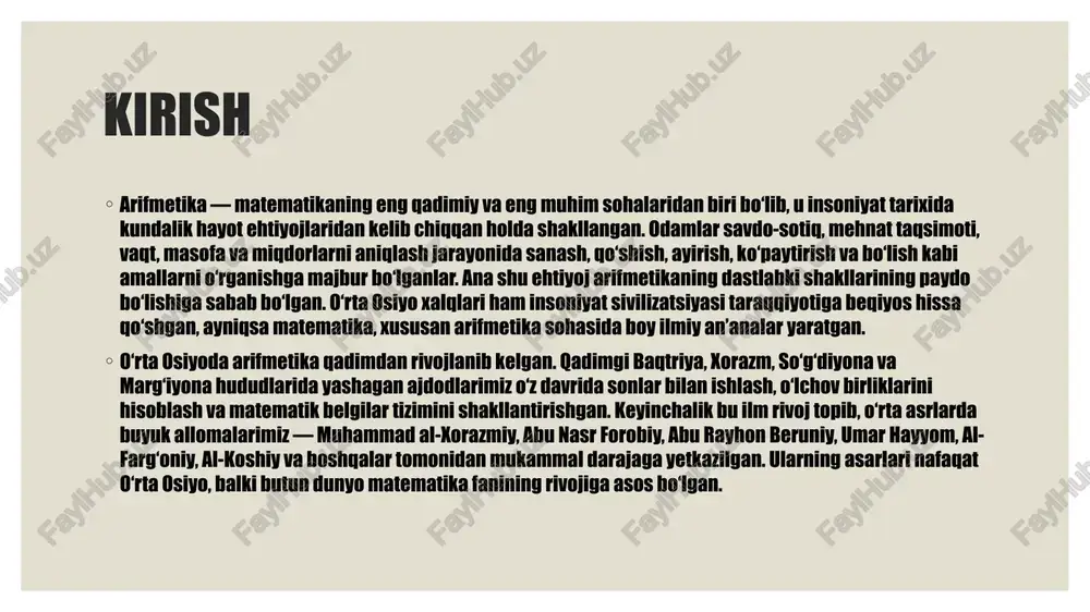 ilmiy va madaniy taraqqiyoti bilan chambarchas bog‘liq. dastlab arifmetika kundalik hayot ehtiyojlaridan kelib chiqqan holda shakllangan bo‘lsa, vaqt o‘tishi bilan u ilmiy fan sifatida rivojlanib, ta’lim tizimining muhim tarkibiy qismiga aylandi. qadim zamonlarda hisob-kitob ishlari asosan amaliy maqsadlarda — savdo, soliqlar, vaqt va o‘lchovlarni aniqlashda qo‘llanilgan. o‘rta osiyoda esa bu fan juda erta davrlarda o‘qitila boshlangan bo‘lib, u dastlab madrasalarda diniy va amaliy fanlar bilan birga o‘rgatilgan. o‘rta asrlarda arifmetika ta’limi diniy bilimlarning ajralmas qismi sifatida ko‘rilgan. madrasalarda o‘qitiladigan “hisob ilmi” o‘quvchilarga yozma va og‘zaki hisoblash usullarini, ulushlar va o‘lchov birliklarini, shuningdek, vaqt, masofa va narxlarni hisoblashni o‘rgatgan. aynan shu davrda al-xorazmiy, al-farg‘oniy, beruniy va al-koshiy kabi allomalar yaratgan asarlar madrasalar uchun asosiy o‘quv qo‘llanmalar sifatida foydalanilgan. bu asarlar orqali arifmetika fani nafaqat nazariy bilim sifatida, balki amaliy hayotda ham keng qo‘llaniladigan fan sifatida shakllangan. glossari atama ta’rif arifmetika matematikaning sonlar va ular ustida bajariladigan amallarni o‘rganadigan bo‘limi. matematik tafakkur …