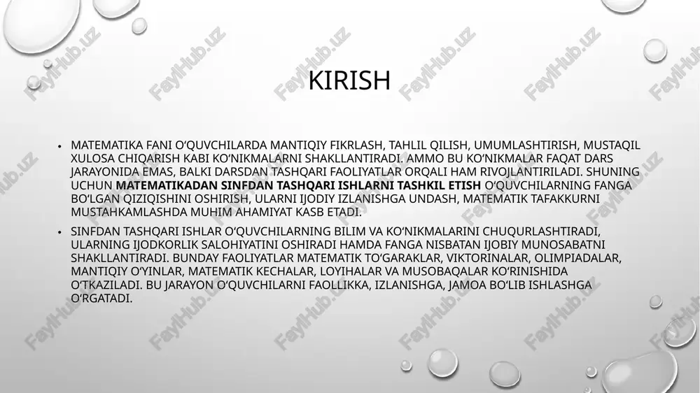 sinfdan tashqari ishlarni tashkil etishda o‘qituvchining roli va metodik yondashuvlar. matematikadan sinfdan tashqari ishlarni tashkil etishda o‘qituvchi hal qiluvchi o‘ringa ega. chunki o‘quvchilarning fanga bo‘lgan qiziqishi, faol ishtiroki va ijodiy rivojlanishi ko‘p jihatdan o‘qituvchining tashabbusi, tashkilotchiligi va metodik mahoratiga bog‘liq. o‘qituvchi sinfdan tashqari ishlarni rejalashtirayotganda o‘quvchilarning yosh xususiyatlarini, bilim darajasini, qobiliyatini va qiziqishlarini hisobga oladi. u o‘quvchilarni matematika olamiga qiziqarli shakllarda — o‘yinlar, musobaqalar, viktorinalar, loyihalar, to‘garaklar va ijodiy kechalar orqali jalb etadi. metodik yondashuvlarda o‘qituvchi o‘quvchini faol subyekt sifatida ko‘radi, ya’ni u faqat bilim oluvchi emas, balki o‘rganish jarayonining faol ishtirokchisi sifatida qaraladi. o‘qituvchi sinfdan tashqari mashg‘ulotlarda interfaol usullar — guruhli ish, mantiqiy o‘yinlar, “aqliy hujum”, “klaster”, “keys-stadi” kabi metodlardan foydalanadi. bu usullar o‘quvchilarda mustaqil fikrlash, tahlil qilish, muammoli vaziyatlarda yechim topish ko‘nikmalarini shakllantiradi. glossari atama ta’rif sinfdan tashqari ishlar darsdan tashqarida, o‘quvchilarning fanga bo‘lgan qiziqishi va ehtiyojlarini hisobga olgan holda tashkil etiladigan tarbiyaviy va ta’limiy faoliyat turi. metodika …