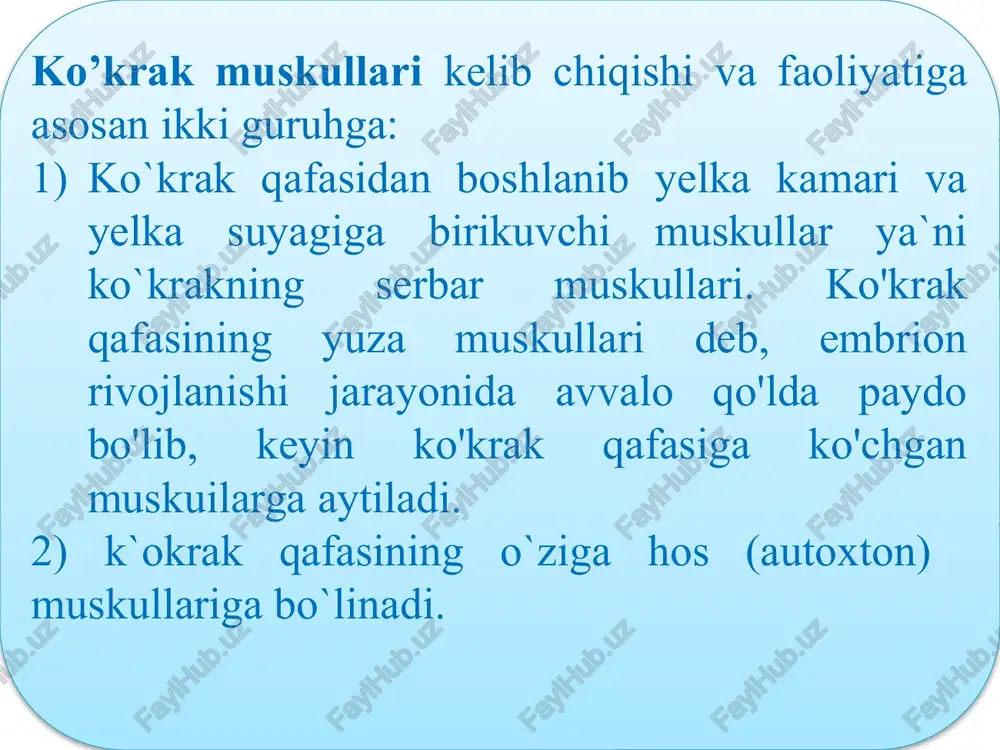 skulga bo`linadi. qorinning orqa devor muskullariga: belning kvadrat muskuli, qorinning o`q chizig`i, qorin to`g`ri muskulining qini, chov kanali kiradi. qorin — ko`krak qafasining pastki qirg`og`i teshigi chanoqning ustki qirg`og`i orasida joylashgan soha bo`lib, bu yerdagi muskullar qorin boshlig`ini chegaralab, qorin devorini hosil qiladi. qorin devorini hosil qiluvchi muskullarni oldinga lateral, oldingi va orqa guruhlarga bo`lish mumkin. qorinning lateral devori muskullariga: qorinnnig tashqi qiyshiq muskuli, qorinnning ichki qiyshiq muskuli, qorinning ko`ndalang muskuli kiradi. orqa muskullari odatda ikki guruppaga, ya`ni yuza va chuqur muskullarga bo`lib o`rganiladi. orqa muskullari asosan tananing orqa yuzasida dumg`aza va yonbosh suyaklari qirrasida kalla asosigacha bo`lgan sohani egallaydi. orqaning yuza guruh muskullariga yelka kamari sohasiga va yelka suyagiga kelib birkuvchi muskullar - trapetsiyasimon, orqalning serbar muskuli, kurakni ko`taruvchi muskul, rombsimon muskullar kiradi. kurakni ko`taruvchi muskul - yuqoridagi to`rtta bo`yin umurtqasining o`sig`idan boshlanadi va kurakning yuqori burchagiga yopishadi. bu muskul qisqarganda kurakni yuqoriga ko`taradi. diafragma va qorinning orqa devori …