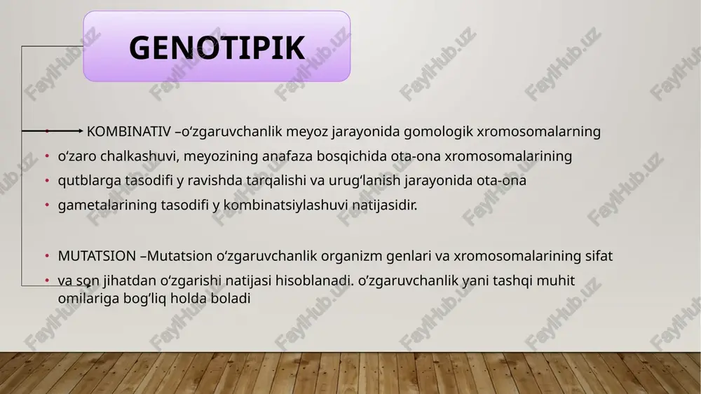 lariga kolxitsin moddasi bilan ta’sir qilib 107 ko‘plab poliploid formalar oldilar. kolxitsin moddasi bo‘linish urchug‘ining hosil bo‘lishini buzadi va oqibatda mitozning anafazasida xromosomalar ikki qutbga tarqalmay ona hujayra markazida qoladi. poliploidiya ikki xil bo‘ladi: avtopoliploidiya va allopoliploidiya. avtopoliploidiya bir turga mansub organizm xromosomalarining karrali ortishi. avtopoliploidlar muvozanatli (4n, 6n, 8n va hokazo) va muvozanatsiz (3n, 5n,7n va hokazo)ga ajraladi. muvozanatli avtopoliploidlar xromosomasi diploid bo‘lgan organizmlarga qaraganda poya, barg, gul, meva urug‘lari yirik bo‘ladi. allopoliploidlar har xil turga mansub organizm xromosomalarining birlashishidan hosil bo‘ladi. allopoliploidiya turlararo duragay organizmlardagi xromosoma to‘plamining karrali ortishidir. genom mutatsiyalari soning o’zgarishi monosomiya – xromosoma soning bittaga kamayishi trisomiya – xromosoma soning bittaga ortishi polisomiya –xromosoma 2 tadan ko’p ortishi poliploidiya – xromosoma karra nisbatan ortishi daun sindromi»ning kelib chi qishiga asosiy sabab ota-onaning chekishi, alkogol yoki narkotik mod da lar ning iste’- mol qilishi nati jasida, boshlan g‘ich jinsiy hujayralarning meyoz bo‘linishida 21- juft xromosoma larning …
