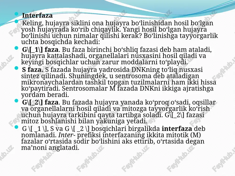 bu jarayon reduksion boʻlinish deyiladi. meyoz i ga kirishdan oldin hujayra interfazadan oʻtishi kerak. mitozdagi kabi hujayra g\[_1\] faza davomida oʻsadi, s faza davomida xromosomalar ikki barobar oshadi, g\[_2\] faza davomida boʻlinishga tayyorlanadi. profaza i davomida mitozdan farqli jihatlar kuzatiladi. mitozdagi kabi xromosomalar spirallashadi, lekin meyoz i da gomologik xromosomalarning juftlashishi roʻy beradi. har bir xromosoma oʻzining gomologi bilan puxta juftlashadi, shunda ikkalasi ham butun uzunliklari boʻyicha mos keladigan pozitsiyalarda joylashgan boʻladi. meyoz ii hujayralar dnk nusxasini olmasdan meyoz i dan meyoz ii ga oʻtadi. meyoz ii meyoz i ga qaraganda qisqaroq va sodda jarayon boʻlib, uni “gaploid hujayralar uchun mitoz” deb nomlash mumkin. meyoz ii ga meyoz i dan oʻtgan hujayralar kiradi. bular har bir xromosoma juftidan faqat bittasiga ega boʻlgan gaploid hujayralardir. lekin qiz xromatidalar bir-biridan ajralmagan boʻladi. meyoz ii da qiz xromatidalar bir-biridan ajralib, xromosomalar miqdori ortmaydigan gaploid hujayralar hosil boʻladi. image2.png image3.jpeg image4.jpeg image5.jpeg /docprops/thumbnail.jpeg