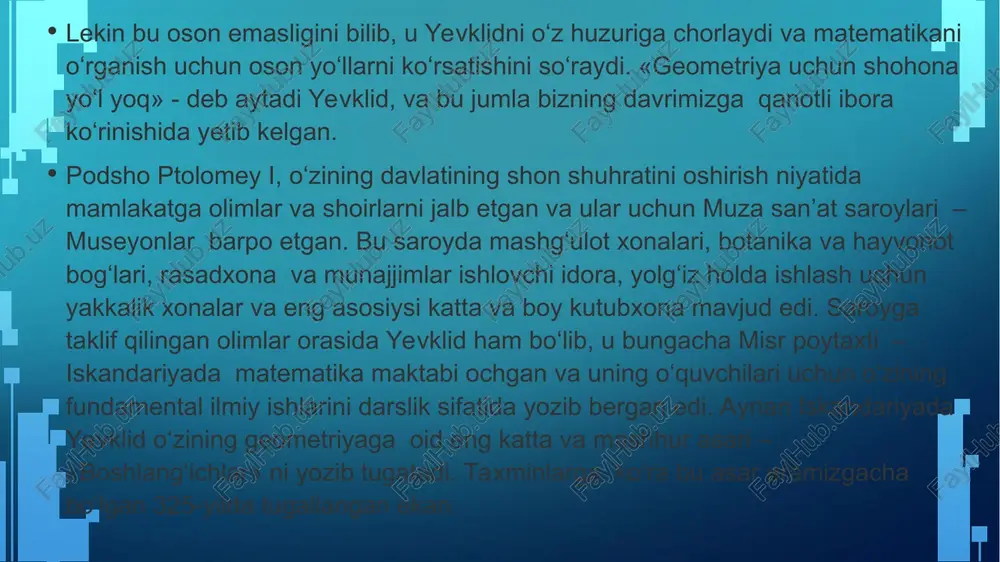 ng barcha xususiyatlari birdaniga kashf etilgan emas. uning ko‘plab jihatlari asrlar davomida, ilmiy tafakkurning uzoq izlanishlari natijasida maydonga chiqqan. lekin, o‘sha barcha ilmiy ishlarga «boshlang‘ichlar» asari, o‘z nomiga munosib ravishda ilmiy qanot bergan. hozirda ham yevklid geometriyasining asoslarini bilish butun dunyo bo‘yicha ta’lim jarayonlarining muhim shartlaridan biri hisoblanadi. • tarix davomida sayyoramizda juda ilm-fan rivojlangan bir necha kishi bo'lgan. bu odamlardan biri edi eratosfen. miloddan avvalgi 276 yilda kirenada tug'ilgan. c. astronomiya va uning katta deduktiv qobiliyati bo'yicha olib borgan tadqiqotlari tufayli yerning hajmini hisoblab chiqishda edi. o'sha davrdagi juda kam texnologiyaga qaramay, eratosfen kabi odamlar sayyoramizni tushunishda ulkan yutuqlarga erishdilar. bu beta va pentatlos deb nomlangan. ushbu taxalluslar bir nechta ixtisoslarning bir qismi bo'lishga qodir bo'lgan va shu sababli ularning hech birida mukammal bo'lishga qodir bo'lmagan va doimo ikkinchi o'rinda turadigan sportchi turiga ishora qilishni anglatadi. bu uning uchun juda qattiq laqabga aylanadi. ushbu taxallusga qaramay, u keyinchalik juda …