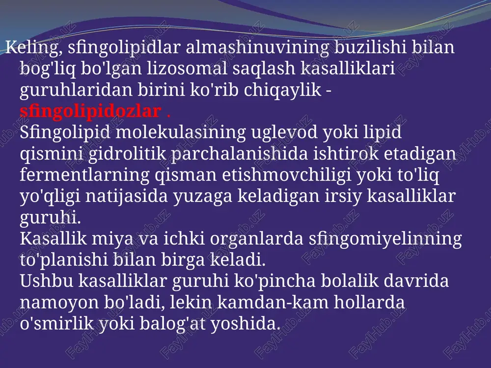 ari issiqlik, ob-havo o'zgarishi va jismoniy kuch kiradi. inqirozlar paytida tana harorati ko'tariladi. asosiy dermatologik alomat - kichik, qizil-binafsha, og'riqsiz, tekis yoki ko'tarilgan teri lezyonlari. ular lablar, barmoqlar, sonlar, dumba, orqa, jinsiy a'zolar va tizzalarda nosimmetrik tarzda joylashgan. inson yoshi bilan ularning soni va hajmi ortadi. krabbe kasalligi birinchi klinik belgilar: yuqori qo'zg'aluvchanlik; tana haroratining davriy ko'tarilishi; ovqatlanish buzilishi; mushak gipertenziyasi; oyoq-qo'llarning qattiqligi; qusish; konvulsiyalar; psixomotor rivojlanishning kechikishi. qo'shimcha namoyishlar : ko'rish va aqlning progressiv pasayishi qayd etilgan; mushak tonusi opisthotonus bilan almashtiriladi (boshni orqaga tashlash); tendon reflekslarining kuchayishi; eshitish stimuliga javoban vosita reaktsiyasining mavjudligi; fundusni tekshirishda ko'rish nervlarining atrofiyasi aniqlanadi. gaucher kasalligi kasallikning belgilari barcha shakllar uchun umumiy belgilar bilan birga keladi: ichki organlarning kengayishi; charchoq; va suyak og'rig'i. har bir tur qo'shimcha simptomlarni o'z ichiga oladi. birinchi turdagi xarakterlanadi: qon tarkibidagi o'zgarishlar, gematomalar. ikkinchi turga quyidagilar kiradi: rivojlanish kechikishi, buzilgan vosita qobiliyatlari, mushaklarning kuchsizligi, keyin mushaklarning ohangini oshirish, …