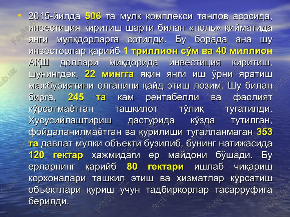 artnomalar ijrosini ta'minlash bo'yicha 32-o'rinni, iqtisodiy nochor korxonalarga nisbatan qo'llanadigan bankrotlik tizimining samaradorligi bo'yicha 75-o'rinni egallab turibdi. «kichik biznes sub'ektlariga kredit berish» deb nomlanadigan ko'rsatkich bo'yicha o'zbekiston so'nggi uch yilda 154-o'rindan 42-o'ringa ko'tarildi va o'tgan yilning o'zida reytingini 63 pozitsiyaga yaxshiladi. ana shu yo'nalishdagi islohotlar natijasida yalpi ichki mahsulotimizda kichik biznes va xususiy tadbirkorlikning ulushi 2000 yildagi 31 foizdan bugungi kunda 56,7 foizga etgani yoki 1,8 barobar oshganini alohida ta'kidlash kerak. hozirgi paytda ushbu sohada jami sanoat mahsulotlarining uchdan bir qismi, qishloq xo'jaligi mahsulotlarining 98 foizi ishlab chiqarilmoqda. ish bilan band jami aholimizning 77 foizdan ortig'i – shunga e'tibor bering – mazkur tarmoqda mehnat qilmoqda. 2015 yilda umumiy qiymati 7 milliard 400 million dollar bo'lgan 158 ta yirik ishlab chiqarish ob'ekti qurilishini yakunlash va foydalanishga topshirish imkonini berdi toshkent issiqlik elektr stantsiyasida 370 megavatt quvvatga ega bo'lgan bug'-gaz qurilmasi barpo etildi. chorvoq gesi gidrogeneratorlari modernizatsiya qilindi. qo'ng'irot soda zavodida kaltsiylashtirilgan …