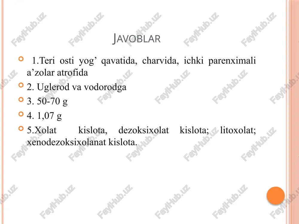 zalar) ta’siriga uchraydi, bu fermentlar qisman oshqozon osti shirasida, qisman ichak shirasida bo‘ladi. tripsin. tripsin me’da osti bezi shirasida inaktiv shaklda tripsinogen ko‘rinishida bo‘ladi. lekin tripsinogen boshqa ferment ta’sirida-ichak shirasidagi enterokinaza ta’sirida tripsinga aylanadi. tripsin-pepsin ta’siri ostida oshqozonda o‘zgarmay qolgan oqsillarni ham, oqsillarning parchalanishidan hosil bo‘lgan yuqori molekulali oqsillar, peptonlar tipidagi polipeptidlarni ham gidrolitik yo‘l bilan parchalaydi, ya’ni peptid bog‘lari yemirilib, karboksil va amin guruhlari ajralib chiqadi. tripsin uchun ph optimumi 7,8 ga teng. xromotripsin- hazm vaqtida ichakda ta’sir ko‘rsatadigan ikkinchi proteolitik ferment xemotripsindir. u oshqozon osti bezida va shu bez shirasida xemotripsinogen ko‘rinishida inaktiv holatda bo‘ladi. ximotripsinogen tripsin ta’siri ostida xemotripsinga aylanadi. kuchsiz ishqoriy muhitda (ph 7-8) ichak shirasidagi tripsin va ximotripsin peptonlarni parchalashini davom ettiradi, ichki peptid bog‘larni katalitik gidrolizini tezlashtiradi, reaksiya natijasida peptonlar kichik molekulali polipeptidlargacha parchalanadi. polipeptidlar, o‘z navbatida quyidagi fermentlar-karboksipeptidazalar, aminopeptidazalar va dipeptidazalar ta’sirida parchalanadi. karboksipeptidaza polipeptid zanjirini erkin karboksil guruhi bor uchidan parchalaydi; aminopeptidaza …