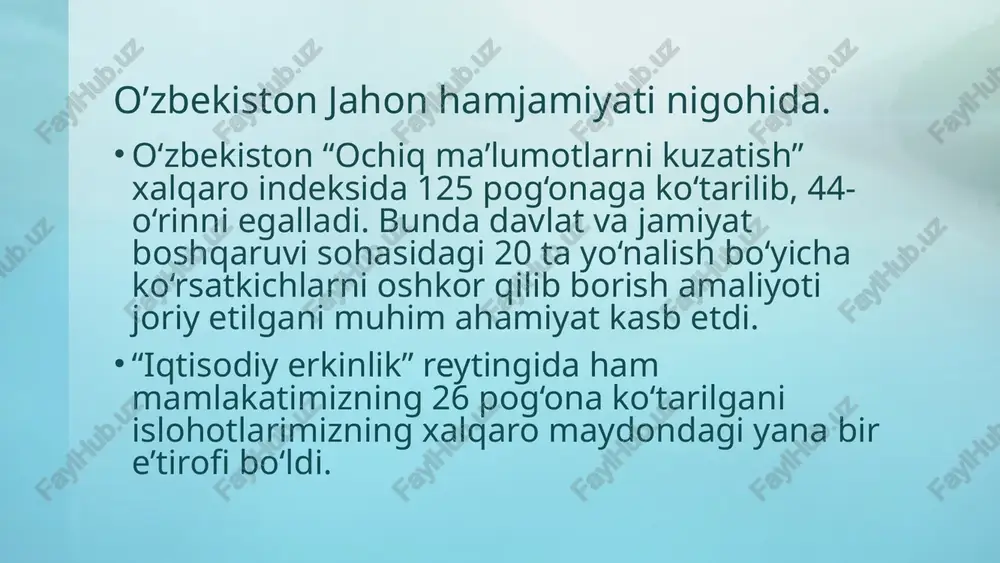 rgalikda barpo etamiz. “yoshlarni qo‘llab-quvvatlash va aholi salomatligini mustahkamlash yili” ana shu muhim yo‘nalishlarda boshlagan ishlarimizni davom ettirish va yangi, yuksak bosqichga ko‘tarish maqsadida kirib kelayotgan 2021 yilga mamlakatimizda “yoshlarni qo‘llab-quvvatlash va aholi salomatligini mustahkamlash yili”, deb nom berishni taklif etaman. 2021 yil nomida belgilangan sohalarni tubdan isloh qilish va yanada rivojlantirish bo‘yicha quyidagi keng ko‘lamli ishlarni amalga oshirishimiz lozim. birinchidan, bola dunyoga kelganidan boshlab, unda aynan maktabgacha bo‘lgan yoshda aqliy faollik oshadi, axloqiy-estetik va jismoniy xislatlar shakllanadi. shu bois ham kelgusi yillarda maktabgacha ta’lim sohasini rivojlantirish borasidagi strategik maqsadimiz - bog‘cha yoshidagi har bir bolani ushbu ta’lim yo‘nalishi bilan to‘liq qamrab olish uchun zarur sharoitlarni yaratishdan iborat. kelgusi yil yakuni bilan maktabgacha ta’lim qamrovini 65 foizga, 2023 yil oxirida esa 75 foizga yetkazishimiz kerak. bu ishlarga byudjetdan 600 milliard so‘m subsidiya berish hisobidan qo‘shimcha ravishda 2 mingta nodavlat bog‘cha tashkil etilib, xususiy sektor ulushi 25 foizga yetkaziladi. shuningdek, 2021 …