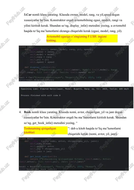 = new_password def view_username(self): return self.username acc = account("elmurod.n", "elmurod", "narzullayev", "1230hdjen") print(acc.get_info()) acc.change_password("newpassword456") print("yangi parol: ", acc._password) print("username: ", acc.view_username()) inheritance 7.user klassni (name,surname,username,password,age,birthday,position) kabi maydonlari bilan birga yarating. undan studentuser nomli yangi klass meros oling. bu yangi klassda o‘zingizni position=talaba sifatida ko‘rsating. barcha ma’lumotlarni ekranga chiqaruvchi display_info() metodini hosil qiling. 7. class user: def __init__(self, name, surname, username, password, age, birthday, position): self.name = name self.surname = surname self.username = username self.password = password self.age = age self.birthday = birthday self.position = position class studentuser(user): def __init__(self, name, surname, username, password, age, birthday): super().__init__(name, surname, username, password, age, birthday, position="talaba") def display_info(self): return f"{self.name} {self.surname}, {self.position}, yoshi: {self.age}, tug‘ilgan kuni: {self.birthday}" stu_user = studentuser("elmurod", "narzullayev", "elmurod.n", "123", 22, "2005-03-20") print(stu_user.display_info()) 8. person classidamaydonlari, universitymember klassida universitet nomi (university_name) maydoni bo’lsin, student va teacher klasslari esa bu ikkita klassdan ko‘p meros olib,, teacher klassiga o’tadigan fanlari (subject) maydonlarini qo’shing …