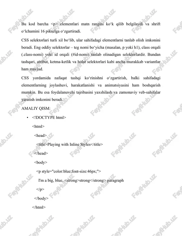 -shadow: 0 8px 16px rgba(0, 0, 0, 0.3); } .card h3 { margin: 0; font-size: 20px; } .card p { color: #555; margin: 10px 0 0; } 3.2-misol index.html: responsive navbar bosh sahifa yangiliklar darslar aloqa styles.css: body { margin: 0; font-family: arial, sans-serif; } .navbar { background-color: #333; padding: 15px; text-align: center; } .navbar a { color: white; text-decoration: none; margin: 0 15px; font-size: 18px; transition: color 0.3s; } .navbar a:hover { color: #ffdd57; } @media (max-width: 600px) { .navbar a { display: block; margin: 10px 0; } } universal selectorlarga misol: universal selector misoli * { margin: 0; padding: 0; box-sizing: border-box; font-family: arial, sans-serif; color: #333; } body { background-color: #f4f4f4; padding: 20px; } h1 { margin-bottom: 15px; font-size: 28px; } p { margin-bottom: 10px; line-height: 1.5; } universal selector misoli barcha elementlar uchun margin va padding nolga tenglashtirildi. shuningdek, barcha elementlar uchun bir xil shrift va …