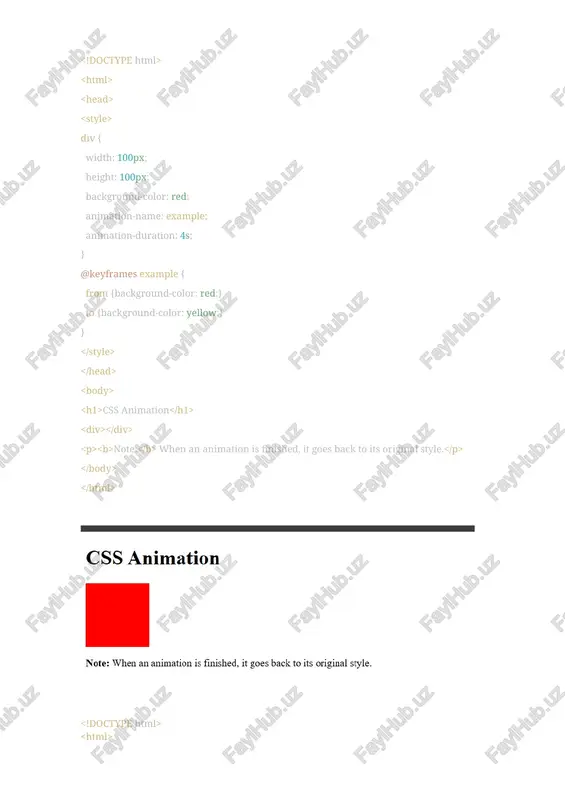 eyframes slide { to { transform: translatex(100px); } } .box2 { width: 100px; height: 100px; background: red; animation: slide 1s ease-in-out 2s; } 2. animation-duration animatsiyaning qancha davom etishini belgilaydi. @keyframes grow { to { transform: scale(2); } } .box3 { width: 100px; height: 100px; background: green; animation: grow 1s; } yashil kvadrat 1 soniya ichida ikki baravar kattalashadi. misol 2: @keyframes spin { to { transform: rotate(360deg); } } .box4 { width: 100px; height: 100px; background: blue; animation: spin 5s linear; } moviy kvadrat 5 soniyada to‘liq bir marta aylanadi. 3. animation-iteration-count animatsiyaning necha marta takrorlanishini belgilaydi. misol 1: @keyframes bounce { 50% { transform: translatey(-50px); } } .box5 { width: 100px; height: 100px; background: orange; animation: bounce 1s ease-in-out 3; } to‘q sariq kvadrat 3 marta tebranadi misol 2: @keyframes pulse { 50% { opacity: 0.5; } } .box6 { width: 100px; height: 100px; background: pink; animation: pulse …