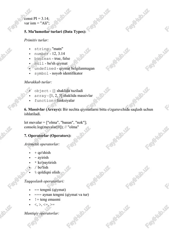 qiymatga murojaat ranglar.push("sariq"); // massivga yangi element qo‘shiladi console.log(ranglar); // ["qizil", "yashil", "ko'k", "sariq"] javascript misollar 1. binar operatorlar binar operatorlar 2. unar operatorlar unar operatorlar 3. bit operatorlari bit operatorlari 4. siljuvchi operatorlar siljuvchi operatorlar 5. munosabat operatorlari munosabat operatorlari 6. massivlar massivlar bilan ishlash html file function binaroperatorlar() { let a = 10, b = 5; let c = a + b; let d = a * b; document.getelementbyid("binar").innertext = `10 + 5 = ${c}, 10 * 5 = ${d}`; } function unaroperatorlar() { let a = 5; a++; let b = -a; document.getelementbyid("unar").innertext = `a++ = ${a}, -a = ${b}`; } function bitoperatorlari() { let a = 5, b = 3; let and = a & b; let or = a | b; document.getelementbyid("bit").innertext = `5 & 3 = ${and}, 5 | 3 = ${or}`; } function siljuvchioperatorlar() { let a = 8; let chap = a …