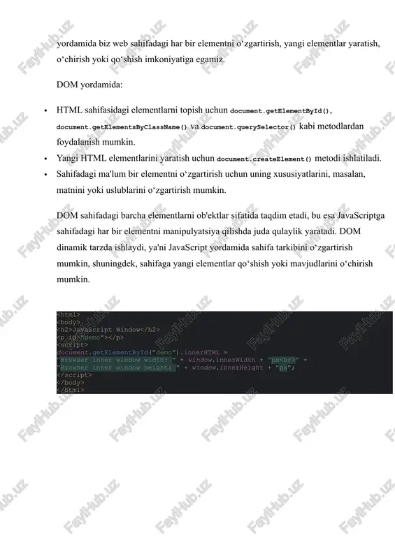 tbyid("id01"); element.innerhtml = "new heading"; javascript changed "old heading" to "new heading". amaliy qism window.close() - close the current window dastur natijasi: window.moveto() - move the current window window.resizeto() - resize the current window screen.height screen.availwidth screen.availheight screen.colordepth screen.pixeldepth window.location.hostname returns the domain name of the web host window.location.pathname returns the path and filename of the current page history.forward() - same as clicking forward in the browser dom 1. finding html elements by tag name 2. finding html elements by class name 3. finding html elements by css selectors xulosa bugun biz javascriptda dom va bom bilan ishlashni o‘rgandik. dom orqali html elementlarini topish, ularni o‘zgartirish, yangi elementlar yaratish kabi amallarni bajarishimiz mumkin. bom esa brauzerning o‘zini boshqarishga imkon beradi, masalan, oynalarni boshqarish yoki brauzer tarixini manipulyatsiya qilish. biz ko‘p turli metodlar va usullarni qo‘lladik, masalan, getelementbyid, getelementsbyclassname va queryselector yordamida elementlarni tanladik. bu metodlar bizga sahifa tarkibini o‘zgartirishda juda …
