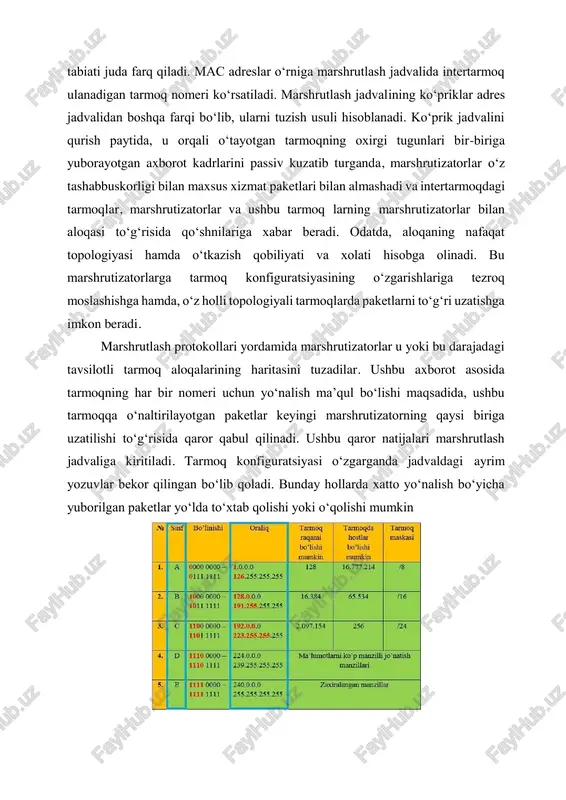 va o‘z ishining boshqa xususiyatlari bilan farqlanib turuvchi xar xil algoritmlar asosida qurilishi mumkin. bu tarmoqdan paketning o‘tishini tezlashtiradi, marshrutizatorlarni yuklanishdan to‘ldiriladi, lekin bunda oxirgi tugunlarga katta yuklanish tushadi. bu sxema xisoblash tarmoqlarida bugun taqsimlangan bir qadamli marshrutlashga nisbatan juda kam qo‘llaniladi. lekin ip protokolining yangi versiyasida klassik bir qadamli marshrutlash bilan bir qatorda, manbadan marshrutlashga xam ruxsat beriladi. bir qadamli algoritmlar marshrutlash jadvalini tuzish usuliga qarab uchta sinfga bo‘linadi: qayd qilingan (yoki statik) marshrutlash algoritmlarii; oddiy marshrutlash algoritmlari; dinamik (yoki adaptiv) marshrutlash algoritmlari. qayd qilingan qilingan marshrutlashda, marshrutlash jadvalidagi hamma yozuvlar statik hisoblanadi. tarmoq adminstratorining o‘zi qaysi marshrutizatorlarga u yoki bu adresli paketlarni uzatish kerakligini hal etadi va utilit (route oc unix yokiwindows nt)lar yordamida marshrutlash jadvaliga muvofiq yozuvlar kiritadi. jadval, odatda, yuklash jarayonida tashkil etiladi. keyinchalik uning ichidagisi qo‘l bilan tuzatilmaganiga u o‘zgartirilmasdan ishlatiladi. bunday tuzatmalar masalan, agar tarmoqda qaysi bir marshrutizator ishdan chiqsa uning vazifalarini boshqa marshrutizator …