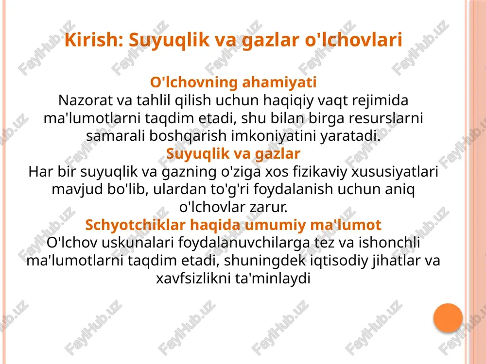 qilish kengaytirilgan tahlil vositalari, oldingi natijalarni tezda konsolidasiyalash va qiziqarli statistikalar shakllantirish imkoniyatini beradi. xulosa: o'lchovning ahamiyati va kelajagi o'lchovning ahamiyati: suyuq va gaz o'lchovlari nazorat va tahlil qilishni o'z ichiga oladi, bu esa resurslarni yanada samarali boshqarishga imkon beradi. kelajakdagi imkoniyatlar: innovatsion texnologiyalar suyuqliklar va gazlarni o'lchashda yangi imkoniyatlarni kiritadi, masalan, ulkan ma'lumotlar, iot va boshqalar. tavsiya etilgan amaliyotlar: tizimli yondashuv va doimiy o'lchovlarni amalga oshirish, ilmiy ishlanmalar va sifatni oshirishga ko'maklashadi. image2.jpeg image3.png image4.png image5.png /docprops/thumbnail.jpeg