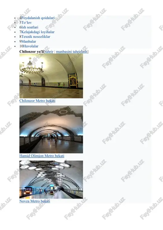 ahrir | manbasini tahrirlash] toshkent metropoliteni bekatlari loyihalashtirilgan davriga ko'ra turli xil uslubda qurilgan. metrodagi chilonzor, novza bekatlari gumbazsimon, mustaqillik maydoni yigʻma monolit konstruksiyali kolonna tipida, boshqa bekatlar esa kolonna tipida qurilgan. har bir bekatning badiiy meʼmorlik hamda haykaltaroshlik nuqtai nazaridan bezatilishi ramziy ravishda shu bekat nomini aks ettiradi. ularda madaniy, monumental dekorativ va amaliy sanʼatning milliy anʼanalari oʻz aksini topgan. bekatlarga bezak berishda, asosan, oʻzbekistonda chiqadigan qora, qizil, kulrang granitlar, turli xil marmar, keramika, stomalit, yogʻoch, oyna, turli xil metall va boshqalardan foydalanilgan. yoʻlovchilarga qulaylik yaratish uchun baʼzi bekatlarda eskalatorlar oʻrnatilgan. toshkent metropoliteni 9 balli zilzilaga bardosh beradi. yunusobod liniyasi ustidan yerosti suvlari oʻtganligi sababli ba'zi bekatlarda shiftdan chakka oʻtadi. lekin bu yoʻlovchilarga va metropolitenga hech qanday xavf tugʻdirmasligi aytilgan.[15] harakat tarkibi[tahrir | manbasini tahrirlash] toshkent metropolitenida harakatlanadigan poyezdlarning eng yuqori tezligi 80 km/soatni tashkil qiladi, oʻrtacha tezlik – 60 km/soat. profilaktika ishlari olib borilayotgan joylarda – 40 km/soatgacha …