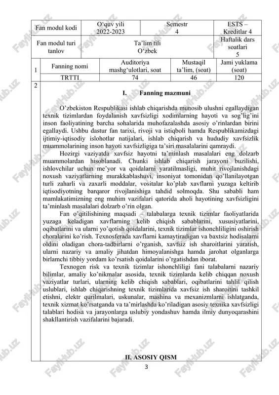 amaliy mashg’ulotlarni ma’ruzalar matni va tavsiya etilgan adabiyotlar hamda davriy jurnallar, internet materiallari bilan ishlashni, standart va malaka talablariga mos ravishda bajarishni o’z ichiga oladi. amaliy mashg‘ulotlar uchun quyidagi mavzular tavsiya etiladi: 1. xavf manbalarini o’rganish. 2. ortiqcha issiqlik vaqtida havo almashtirishni hisoblash. 3. filtrlash orqali keladigan issiqlik miqdorini aniqlash. 4. ishchining issiqlikdan nurlanish intensivligini aniqlash. 5. binoning ustidan yoki yonidan tabiiy yoritish maqsadida qo’yilgan derazaning kerakli maydonini hisoblash. 6. yuqoridan tushadigan tabiiy yorug’likni hisoblash. 7. xatarlarni o’rganish usullari. 8. riskni baholash va boshqarishni o’rganish. 9. texnik riskni baholashda tizim-dinamik yondashuv. 10. ishchining issiqlikdan nurlanish intensivligini aniqlash. 11. xavfsizlik va foydalanish qulayligi ko’rsatkichlarni aniqlash. 12. xavflar daraxtini yaratish. 13. iqtisodiy samaradorlikni aniqlash usullari. 14. ishlab chiqarish tavsifi jarayonlarini o’rganish. 15. baxtsiz hodisalar oqibatlarini kamaytirishni rejalashtirish chora tadbirlari. iv. seminar mashg‘ulot bo‘yicha ko‘rsatma va tavsiyalar ushbu seminar mashg’ulotlarda talabalar mehnat muhofazasining me’yoriy xujjatlar va rasmiylashtirish, ishlab chiqarish korxonalarida mehnatni muhofaza qilish …