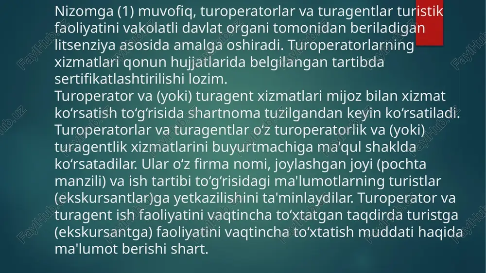 risidagi ma'lumotlarni shakllantirish va tarqatish maqsadida ommaviy axborot vositalari bilan hamkorlik qilish va boshqalar. nizomda quyidagilar ham qayd etilgan: turistik axborot markazlarini tashkil etish va ularning reyestrini yuritish tartibi; markazlarning atrof hududi, bino va ish rejimiga bo‘lgan talablar; pullik va bepul xizmatlar ko‘rsatish; statistik hisob yuritish. etiboringiz uchun rahmat https://www.norma.uz/uz/qonunchilikda_yangi/turoperatorlar_va_turagentlarning_faoliyat_yuritish_tartibi_belgilandi image2.png image3.png image4.png image5.png /docprops/thumbnail.jpeg