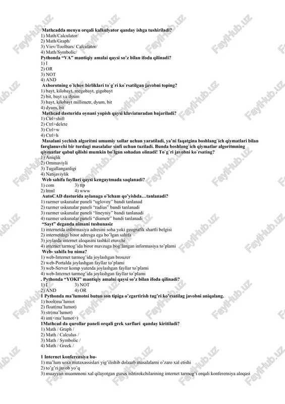 yaroqli natijalari? 2) taqdim etilishidan qatiy nazar shaxs, predmet, dalil, voqea, xodisa va jarayonlar haqidagi ma'lumotlar. 3) ma'lum xos matnda aniq ma'noga ega tushunchalarni ichiga olgan dalil, voqea, hodisa, predmet, jarayon, taqdimot kabi ob'ektlar haqidagi bilimlar majmui. 4) hamma javob to’g’ri mathcad dasturi nechta harakterli interfeysga ega? 1) 6 3) 3 ta 2) 2 ta 4) 4 ta autocad dasturida aylanaga o’lcham qo’yishda…tanlanadi? 1) razmer uskunalar paneli “diametr” bandi tanlanadi 2) razmer uskunalar paneli “radius” bandi tanlanadi 3) razmer uskunalar paneli “lineyniy” bandi tanlanadi 4) razmer uskunalar paneli “uglovoy” bandi tanlanadi pythonda bir qatorli izoh to’g’ri berilgan javobni aniqlang. 1) $ bu izo 2) % bu izoh 3) * bu izoh 4) #bu izoh python 3 butun son tipi qaysi so’z bilan belgilanadi? 1) comple 2) float 3) decimal 4) int mathcadda qurollar paneli orqali grafiklar chiziladi? 1) math / calculus / 2) math / graph / 3) math / …