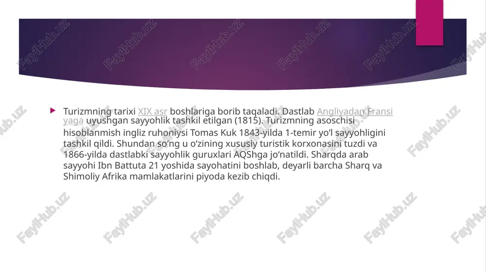 ati qarori bilan toshkentda "xususiy sayyoxlik tashkilotlari uyushmasi" tashkil etildi. u 300 dan ziyod turistik korxonalar bilan yaqindan aloqada boʻlib faoliyat olib boradi. oʻzbekistonda "kumushkon" turistik bazasi va "sanzar" kemping majmuasi mavjud boʻlib, ular "oʻzbekturizm" milliy kompaniyasi tizimi tashkilotlari hisoblanadi. shu bilan birga chorvoq, chimyon, beldersoy dam olish oromgohlari va yuzga yaqin xususiy mehmonxonalar ishlab turibdi. oʻzbekistonda koʻplab turistlarni qabul qilish va ularga xizmat koʻrsatish imkoniyatiga ega boʻlgan mehmonxonalar soni tobora oʻsib bormoqda. oʻzbekiston 1993-yilda oʻz safiga 120 dan ortiq mamlakatni birlashtirgan jahon turistik tashkiloti (wto; 1975-yilda tuzilgan)ga aʼzo boʻldi. shuningdek, oʻzbekiston wto yevropa komissiyasi rayosatining ham aʼzosidir. 2004-yil "buyuk ipak yoʻli" loyihasi doirasida samarqand viloyatida jahon turistik tashkilotining vakolatxonasini ochish koʻzda tutilgan. oʻzbekistonda turizm sohasiga oid "buyuk ipak yoʻli" xalqaro turistik reklamaaxborot gaz. (1994-yildan), "biznes gayd" jur (rus va ingliz tillarida) va boshqa ommaviy nashrlar chop etiladi. 2021-yil aprel oyida dogʻistonda oʻzbekistonning ziyorat turizm salohiyati taqdimoti oʻtkazildi. bosh vazir …