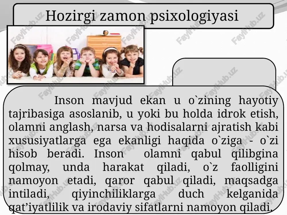da va uning asoslari haqida quyidagi fikrlarni ilgari surdi. uning fikricha «jon ruhning asosini alohida hossaga ega bo`lgan materiya hosil qiladi, ya’ni jonning asosini suv tashkil qiladi» degan fikrni ilgari suradi. uning shogirdlari anaksimen va aniksagorlar ruhning ma’lum moddiy asosini materiyadan izlab, anaksimen ruhning asosini (havo) tashkil qiladi desa, aniksagor esa olov tashkil qiladi degan. antik falsafaning eng yirik namoyondasi, psixologiya haqidagi ilmiy mulohazalarini keltirgan faylasuf aristotel’ hisoblanadi. shuning uchun hamki, u «psixologiya fanining otasi» degan nomni olgan. u «jon haqidagi ta’limoti» haqidagi asari bilan psixologiyaga asos soldi. inson o`zining kimligini anglashga intilishdan, o`z ruhiy dunyosini va o`zgalar ruhiyatini bilish istagi paydo bo`lishdan, tabiat va jamiyat hodisalarini tushunishga ehtiyoj sezishdan, o`tmish, hozirgi zamon, kelajak haqida mulohaza yuritishdan e’tiboran psixologiya fan sifatida rivojlana boshladi. ilk psixologik tadqiqotlar laboratoriyasi nemis olimi v.vundt tomonidan 1879 yilda leyptsig universitetida tashkil etildi. xuddi shu laboratoriya andozasi bo`yicha boshqa mamlakatlarda bir qancha mustaqil laboratoriyalar ochildi. xix …
