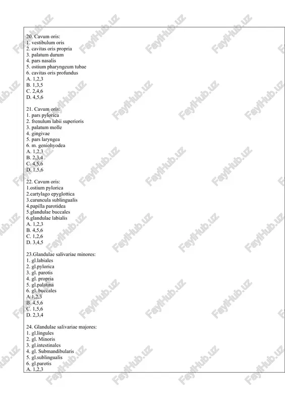 riae majores: 1. gl.lingules 2. gl. minoris 3. gl.intestinales 4. gl. submandibularis 5. gl.sublingualis 6. gl.parotis a. 1,2,3 b. 4,5,6 c. 2,4,6 d.1,3,5 25.dentes: 1.corona dentes 2.collum dentes 3. radix dentes 4. caput dentes 5. processus dentis 6. manibrum dentis a. 1,2,3 b. 4,5,6 c. 1,3,5 d.2,4,6 26. dentes: 1.facies pharyngeus 2. apex radicis dentis 3. facies occlusalis 4. facies vestibularis 5. facies nasalis 6. facies superior a. 1,2,3 b. 4,5,6 c. 2,3,4 d. 1,5,6 27. dentes: 1. facies cranialis, 2. apex corona dentis, 3. facies contactus 4. facies lingualis 5. facies distalis 6. facies terminalis a. 1,2,5 b. 2,3,4 c. 3,4,5 d.1,5,6 28. dentes: 1. cavum dentis 2. foramen collum dentis 3. fossa radicis dentis 4. canalia radicis dentis 5. foramen apicis dentis 6. foramen incisivi a. 1,2,3 b. 1,4,5 c. 2,3,5 d.2, 4,6, 29. dentes: 1. ductus dentis, 2. dentes incisivi 3. fossa collum dentis 4. dens serotinus …