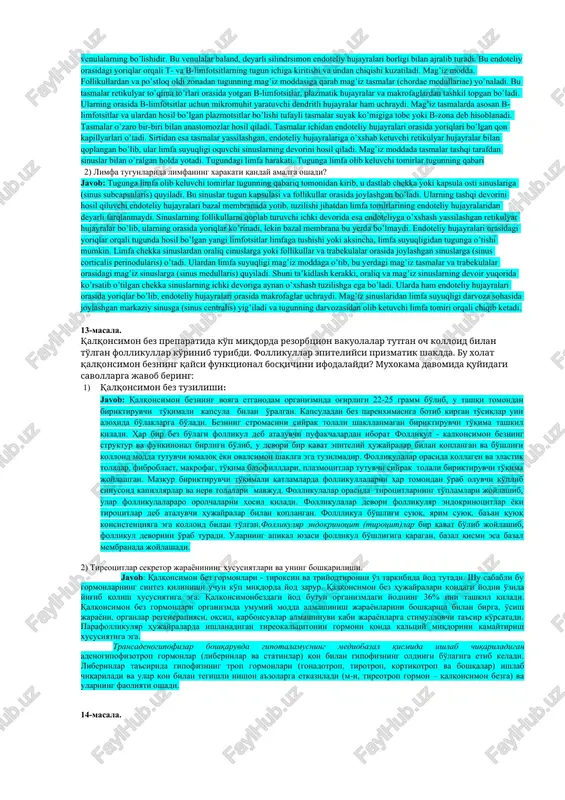 ikki xil turi aniqlandi: birinchi turdagi kardiomiotsitlar ko'p sonli miofibrilla va ularga yopishgan mitoxondriyalar tutadi, ikkinchi turdagi kardiomiotsitlar esa ancha yirik o'lchamli, ingichka miofibrillalari kam sonli va periferik joylashgan, xujayraning markazida yadroning atrofi bo'sh. ushbu xujayralar qaysi turdagi kardiomiotsitlarga mansub? muxokama davomida quyidagi savollarga javob bering: 1) kardiomiotsitlarning qanday turlarini bilasiz? 2) ikkinchi turdagi kardiomiotsitlar yurakning qaysi sistemasiga mansub? 9-masala. bemorda me'da shirasida kislota miqdori pasayganligi tufayli temir moddasi so'rib olishi buzilgan. bu vaziyat qanday oqibatga olib kelishi mumkin. muxokama davomida quyidagi savollarga javob bering: 1) bunday vaziyatda gemopozning qaysi turi buziladi? 2) aniqlangan gemopoezning bu turi qaysi qon yaratuvchi a'zoda buziladi? 10-masala. bemorda eritropoez, granulotsitopoez, trombotsitopoez jarayonlari buzilgan. bu xolat qaysi qon yaratuvchi organning patologiyasida kuzatiladi? muxokama davomida quyidagi savollarga javob bering: 1) qaysi markaziy qon yaratuvchi organlarni bilasiz? 2) postembrional davrda qaysi markaziy qon yaratuvchi organ qon o'zak hujayralarining yagona manbai bo'lib qoladi? 11-masala. taloq qon deposi vazifasini …