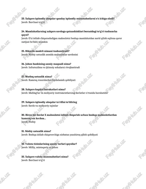 i oltin miqdoriga asoslangan tizim 41. ikkinchi jahon valuta tizimida nima asosiy to‘lov vositasi sifatida qabul qilingan? javob: oltin va milliy valutalar 42. xalqaro savdoning qanday salbiy tomoni nazariyalarda keltirilgan? javob: mamlakat ichida ba’zi guruhlarning moddiy farovonligining pasayib ketishi 43. to‘lov balansi ijobiy davlat qachon boshqalarga qaraganda ko‘proq zarar ko‘rishi mumkin? javob: inqirozlar paytida 44. mutloq ustunlik qanday tushuniladi? javob: barcha javoblar to‘g‘ri 45. xalqaro valuta munosabatlarining asosiy vazifasi nima? javob: barcha javoblar to‘g‘ri 46. import nima? javob: boshqa davlatdan olingan tovarning mahalliy bozorda sotilishi 47. nisbiy ustunlik tushunchasi nima? javob: kamroq voz kechilgan imkoniyat bahosi bilan ishlab chiqarish 48. xalqaro valuta munosabatlari nima? javob: pul va moliyaviy oqimlar 49. valuta nima? javob: davlatlarning milliy pul birliklari 50. xalqaro iqtisodiy munosabatlar fanini o‘rganish nima uchun muhim? javob: barchasi to‘g‘ri /docprops/thumbnail.jpeg