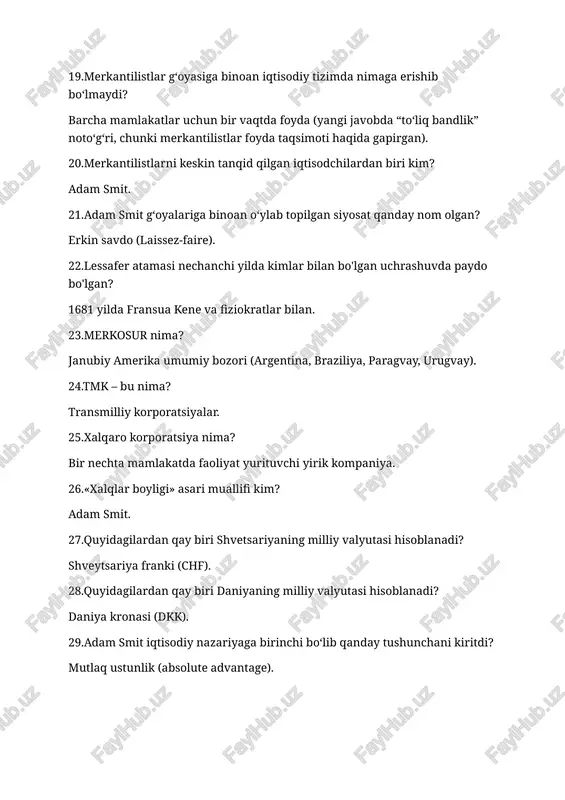 m smit. 27.quyidagilardan qay biri shvetsariyaning milliy valyutasi hisoblanadi? shveytsariya franki (chf). 28.quyidagilardan qay biri daniyaning milliy valyutasi hisoblanadi? daniya kronasi (dkk). 29.adam smit iqtisodiy nazariyaga birinchi bo‘lib qanday tushunchani kiritdi? mutlaq ustunlik (absolute advantage). 30.qanday narx bir birlik tovarning ishlab chiqarishga sarflanadigan xarajatning ikkinchi tovarni ishlab chiqarishga zarur bo‘lgan xarajat orqali ifodalanishidir? nisbiy xarajat (comparative advantage yoki muqobil narx). 31.tashqi savdo siyosati qanday yo‘nalishlarni o‘z ichiga oladi? proteksionizm, erkin savdo, bojxona tariflari, kvotalar, import va eksport siyosati. 32.import siyosatining turlaridan birini to‘g‘ri belgilang. bojxona tariflari (yoki import o‘rnini qoplash). 33.proteksionizm – bu nima? ichki bozorni xorijiy raqobatdan himoya qilish uchun tarif va notarif choralar orqali olib boriladigan davlat siyosati. 34.boj stavkasi miqdori nimaga bog‘liq bo‘ladi? tovar turi, kelib chiqishi, iqtisodiy siyosat maqsadlari. 35.savdo siyosatining asosiy dastagi nima? bojxona tariflari. 36.bojxona tarifi bu nima? import yoki eksport tovarlariga solinadigan soliq. 37.bojxona bojlari xarakteriga ko‘ra necha turga bo‘linadi? uchtaga: advalorem, maxsus, …
