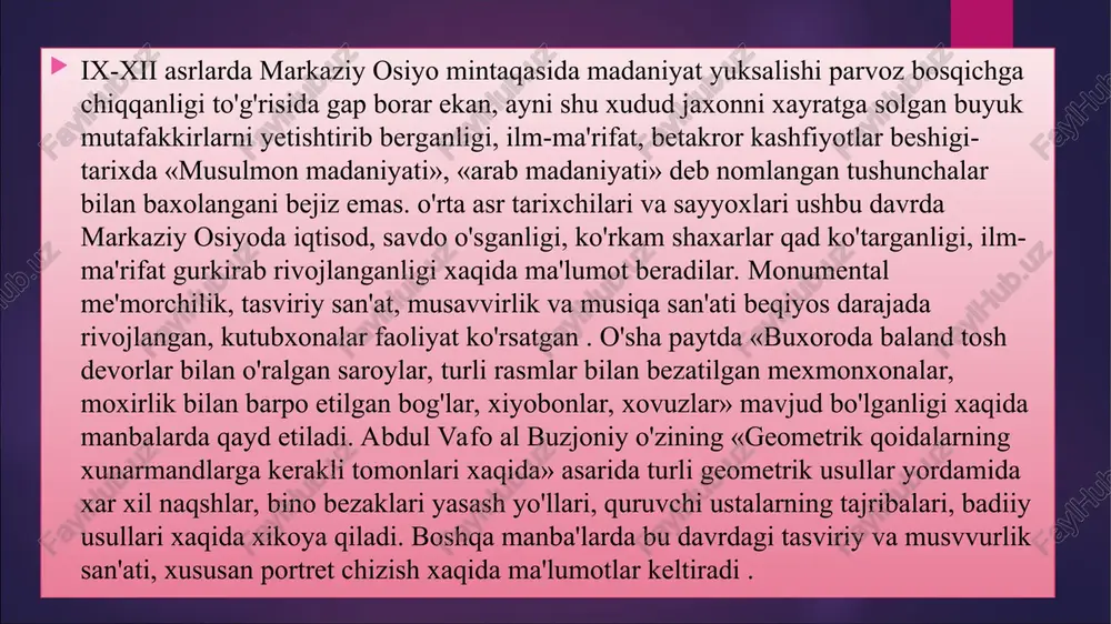 rivoj topishiga olib kelgan. umuman bu davrda qo'lyozmalarni ko'chirish, tayyorlash, to'plash madaniy xayotning muxim soxasiga aylangan. ma'lumki, asar faqat qo'lda bir nusxadangina yozilar edi. bosmaxona esa bir necha asrdan so'nggina paydo bo'lgan. yozilgan asarni nusxasini ko'paytirish, boshqalarga yetkazish, undan nusxa olish zarur edi. shuning uchun nusxa ko'chirish, asarni ko'paytirishga katta e'tibor berildi. asta-sekin maxsus nusxa ko'chirish san'ati va xunari shakllandi, shu tufayli bir joyda yozilgan asarlarni boshqa shaxar, o'lkalarida tarqatish imkoni vujudga keldi. arxeologik qazilmalar va qo'lyozma manba'lardan ma'lum bo'lishicha o'sha davrda musiqa va musiqashunoslik xam keng rivoj topgan va u matematika ilmining tarkibiy qismi sanalgan. mazkur davrning buyuk olimi abu nasr farobiy musiqaning nazariy asoslari, kuylar, asboblar, musiqa madaniyatining mezonlari, atamalari taxliliga bag'ishlangan «katta musiqa» kitobining muallifidir. («kitob al musiqi al kabir»). o'rta asr musulmon sharqi musiqa nazariyasiga bag'ishlangan ushbu kitob 2 qism, 3 kitobdan iborat bo'lgan. farobiy «katta musiqa» dan tashqari «musiqa xaqida so'z», «ritmlar tartibi xaqida kitob», …